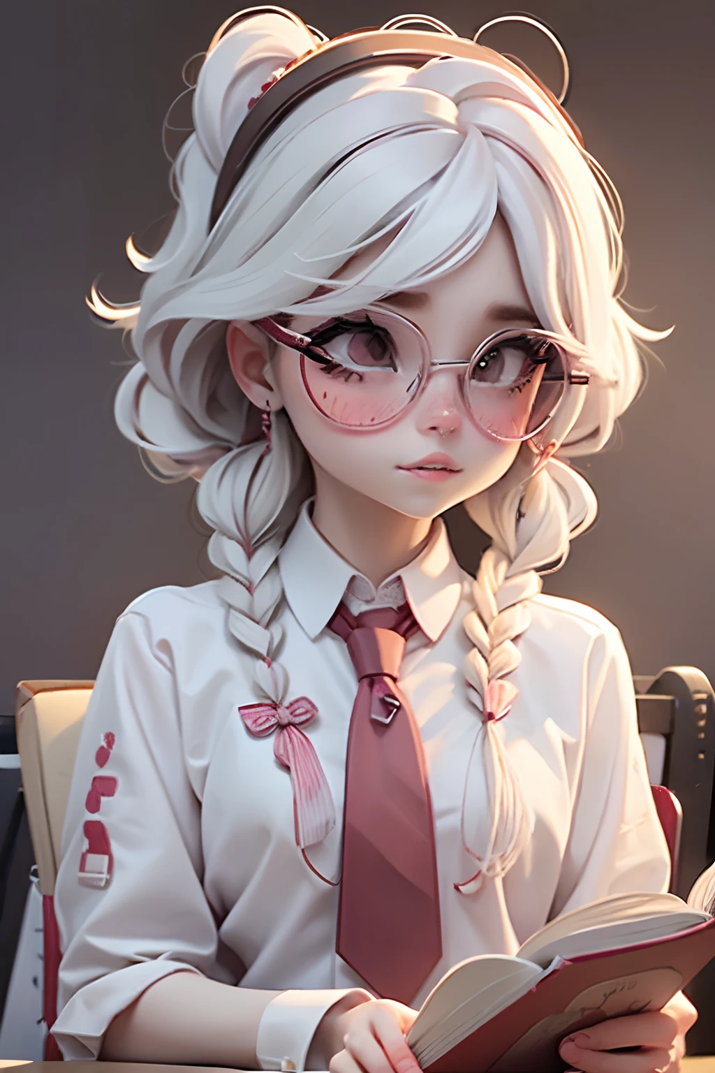 Lolli girl, braid messy hair, school, maroon necktie, glasses, reading books, library background, white hair, cute badgirl, baddie, wearing cool maroon headset