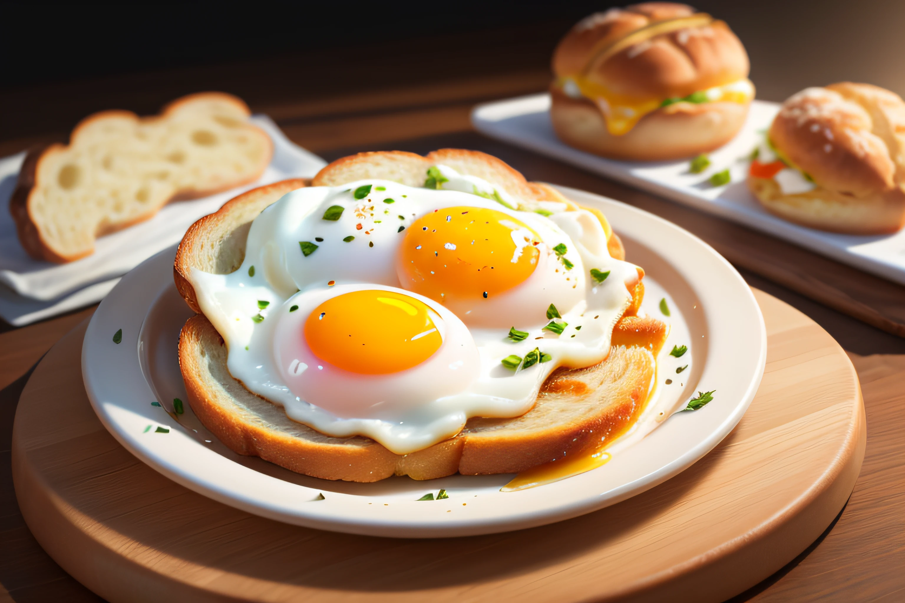 Bread with fried egg served on a plate, blurred background, food photography, realistic, professional photography, very detailed, 8k, realism, super detailed.
