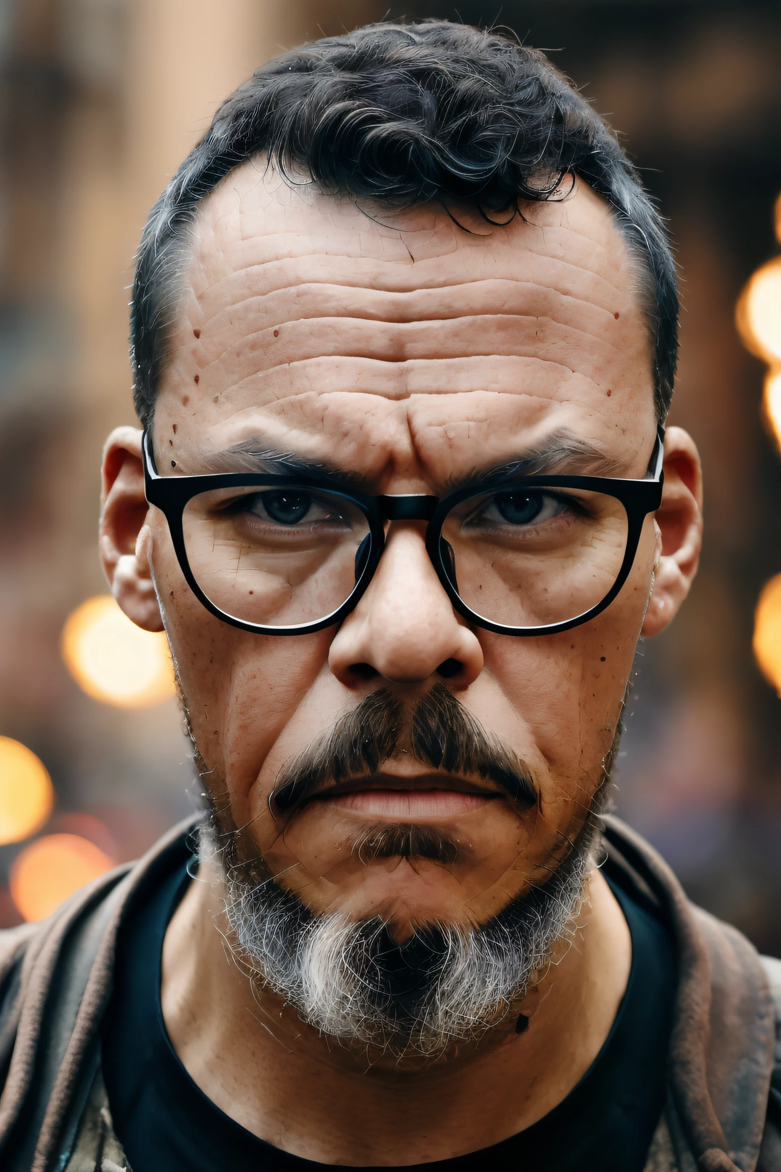 guttojugg1, Portrait photo of muscular bearded guy whith glasses in a worn mech suit, ((light bokeh)), intricate, (steel metal [rust]), elegant, sharp focus, photo by greg rutkowski, soft lighting, vibrant colors, (masterpiece), ((streets)), (detailed face:1.2)