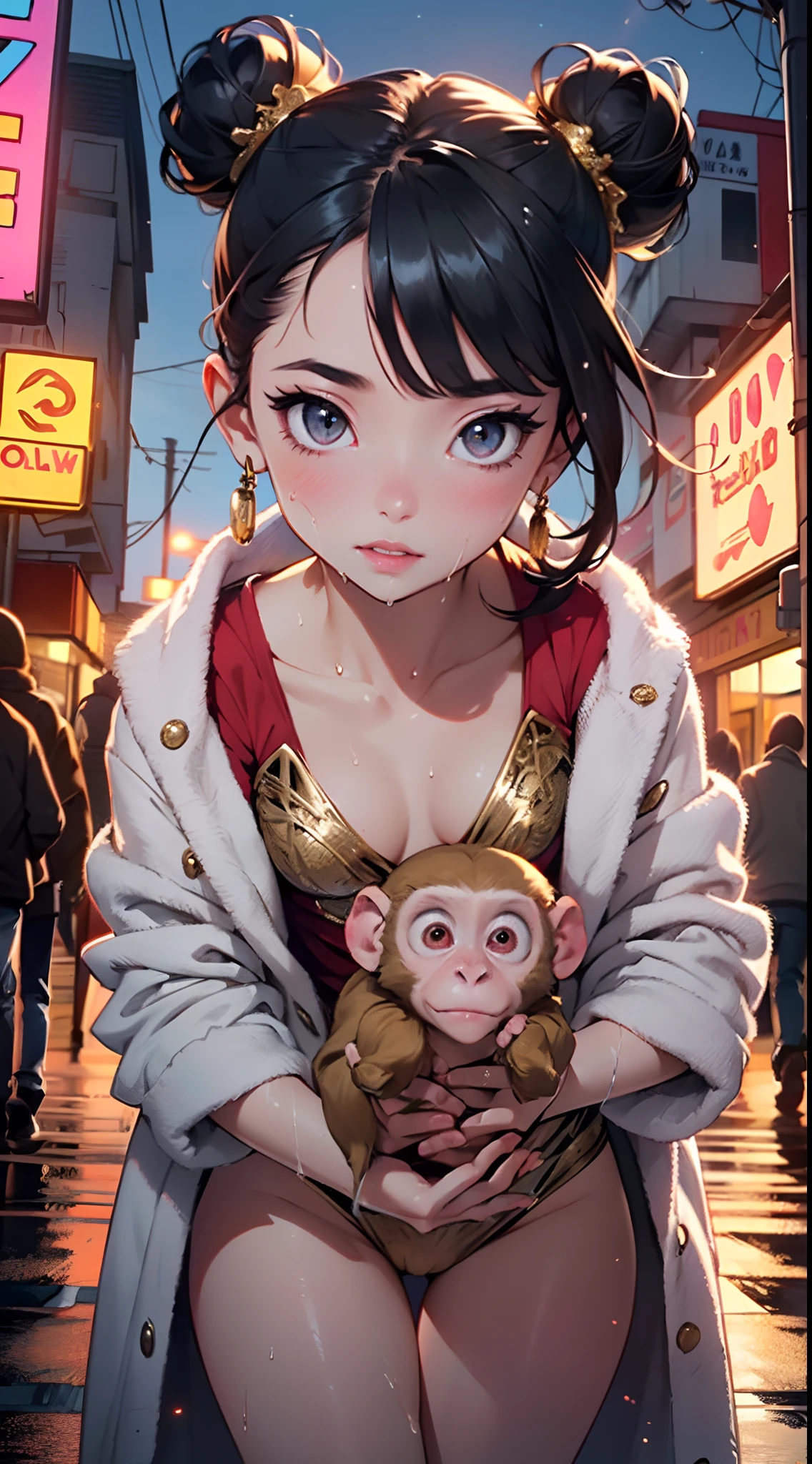 cute li,(((little loli,smaltiny body,petite,chibi))),(((6 years old))e loli with extte and beautiful black hair)),(baby face), (round face),bit l loli,smallunderboob,
(((flat chest))),(((black hair:1.5,Qi bangs,double bun hair,colored inner hair,ear breathing))),((heterochromia:1.5, (pink_eye and gold_eye))),intricate eyes,beautiful detailed eyes,symmetrical eyes,big eyes:1.5,(((lustrous skin:1.5,bright skin: 1.5,skin tanned,shiny skin,very shiny skin,shiny body,plastic glitter skin,exaggerated shiny skin,illuminated skin,wet legs))),(detailed body,(detailed face)),
cute,slutty,erotic,((nsfw)),
zettai ryouiki,(revealing clothing,show skin),(((white dressing gown,Gold wire embroidery))),((carry a stuffed monkey:1.5)),((wet clothes,intricate outfit,intricate clothes)),
(dynamic pose:1.0),embarrassed,(centered,scale to fit dimensions,Rule of thirds),
cyberpunk city by the ocean at night, with bright neon signs and dark stormy clouds and puddles, scenery:1.25,
artistic photography,(photography taken by sldr),highres, sharp focus, (ultra detailed, extremely detailed), (photorealistic artwork:1.37),(extremely detailed CG unity 8k wallpaper),((synthwave background theme)),(((vibrant colors))),(intricate background),(masterpiece),(best quality),
