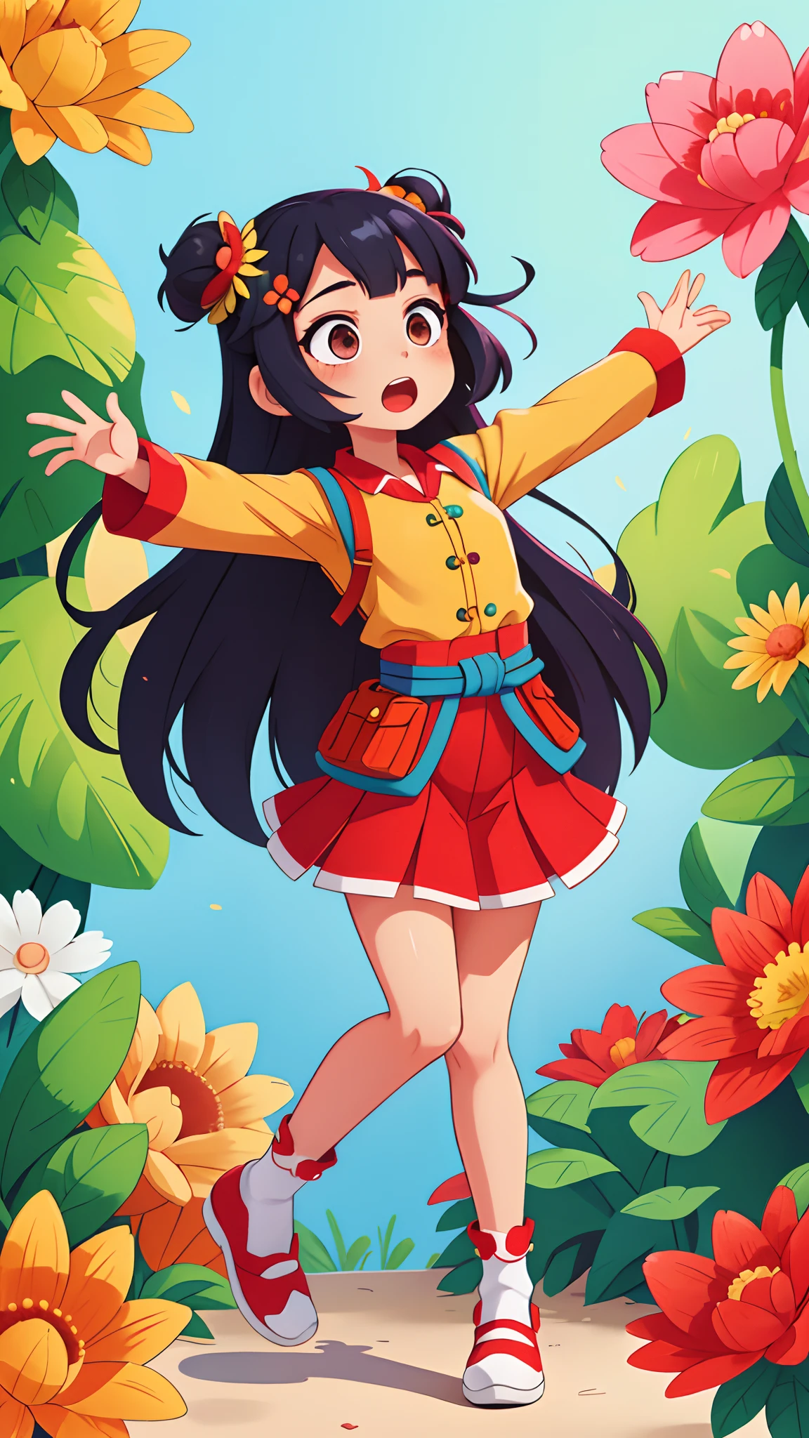 girl with、Take a deep breath with open arms、Opening Mouth、full body Esbian、Distinctive ethnic hair ornaments、Characteristic ethnic shoes