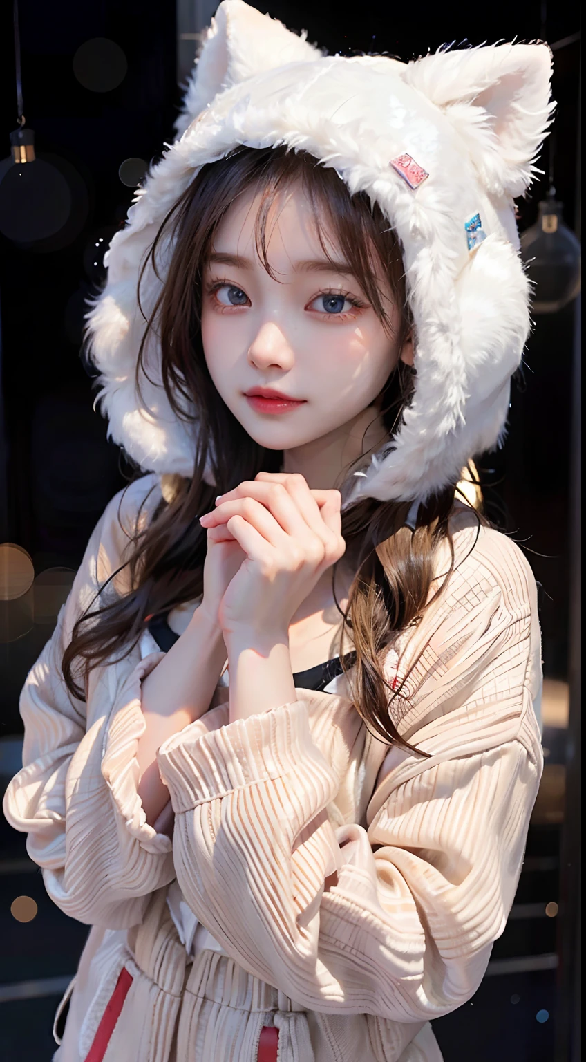 The girl in the hoodie is、Seeking warmth on cold days。She wears a hoodie hood on her head.、I try to wrap around the body。That hoodie is in pale tones.、Enables comfortable movement while protecting the body。Hair flutters in the wind、Blue eyes shine as if seeking warmth。She protects herself from the cold.、Enjoying the beauty of nature。Her presence is、Makes you feel warm even on cold days、Provides kindness and coziness。