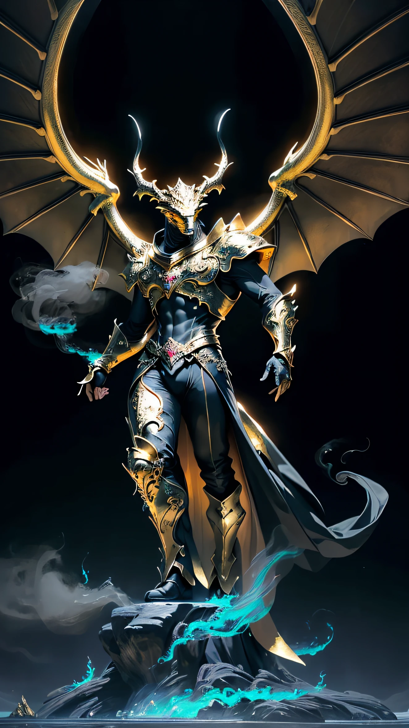 (best quality,4k,8k,highres,masterpiece:1.2),ultra-detailed,(realistic,photorealistic,photo-realistic:1.37),black and gold dragon,CG,dragon,mythical creature,detailed scales,glowing golden eyes,powerful wings,sharp talons,dominating presence,artistic interpretation,shadows and highlights,rich textures,exquisite rendering,impressive lighting,ethereal atmosphere,vibrant colors,perspective,monumental stature,regal posture,sublime beauty,fierce and majestic,mythical realms,epic fantasy,unique composition,meticulous attention to detail,evoking awe,awe-inspiring view,dynamic motion,contrast,wisps of smoke,subtle gradients,vivid hues,imposing figure,ornate design,aural presence,luxurious ambience,unforgettable masterpiece.