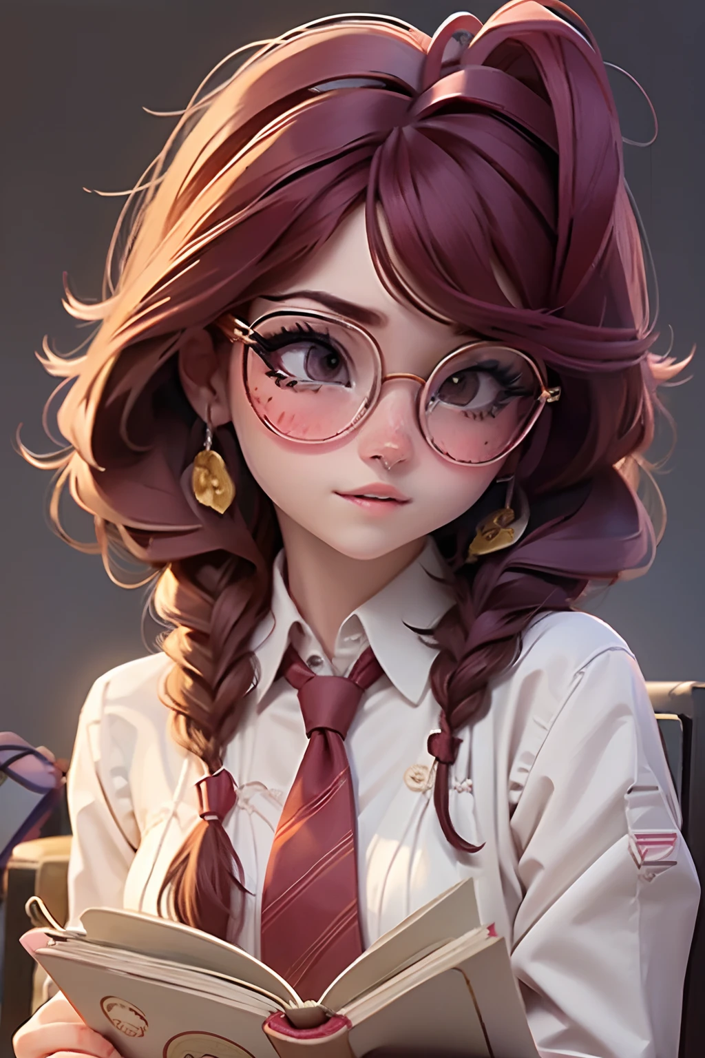 Lolli girl, braid messy hair, school, maroon necktie, glasses, standing pose, library background, maroon hair, cute badgirl, baddie, wearing cool maroon headset,