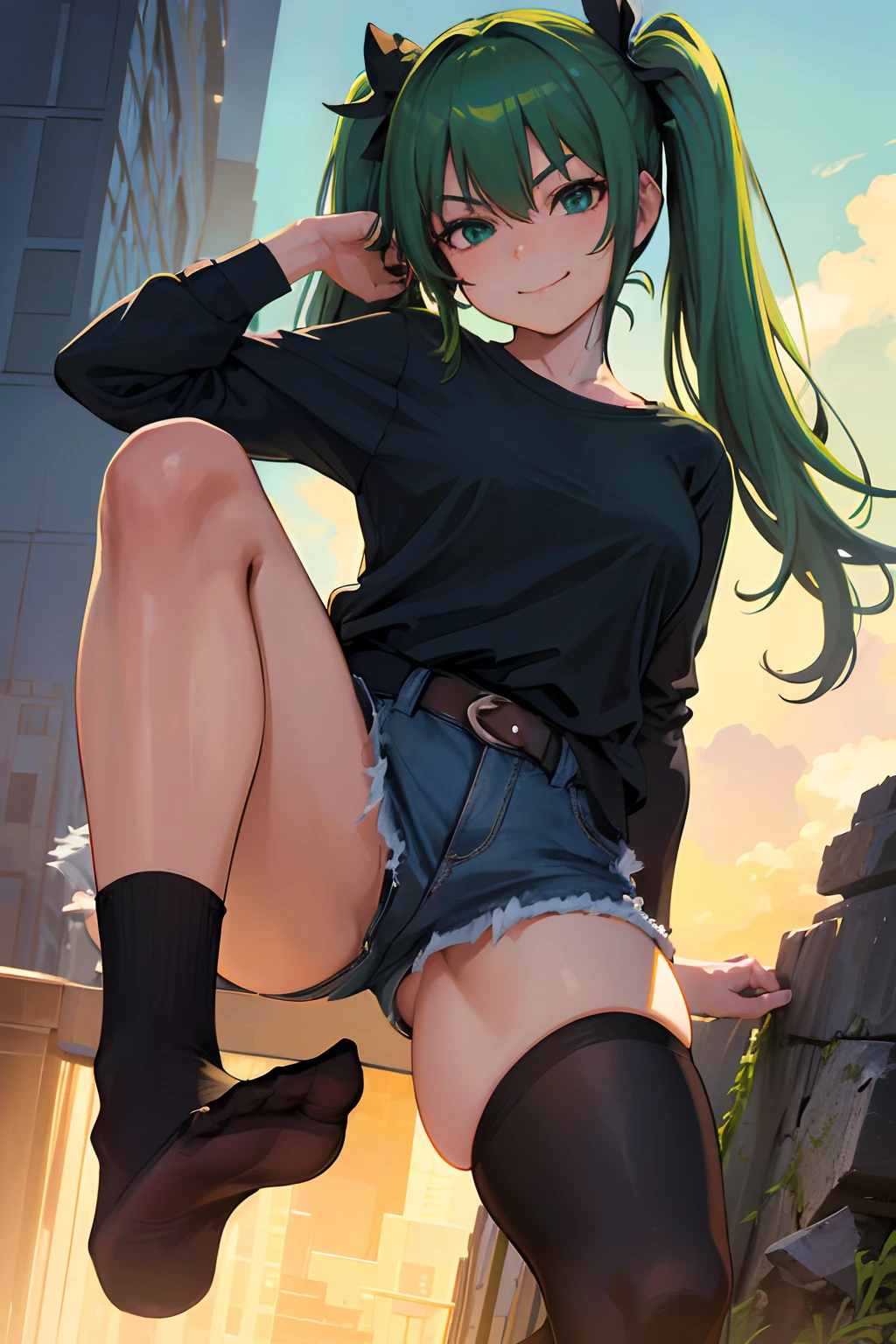"(best quality,highres,realistic:1.2),a woman with her foot up,in a shirt,black socks,green hair,twin tails,towering over you,pov,looking down at you,with a smirk"