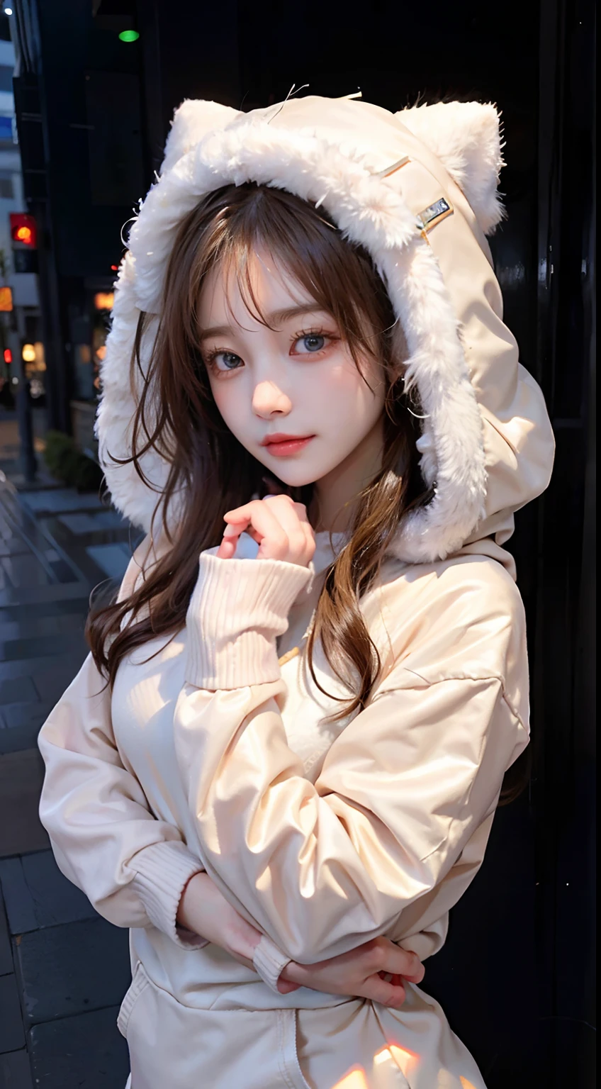 The girl in the hoodie is、Seeking warmth on cold days。She wears a hoodie hood on her head.、I try to wrap around the body。That hoodie is in pale tones.、Enables comfortable movement while protecting the body。Hair flutters in the wind、Blue eyes shine as if seeking warmth。She protects herself from the cold.、Enjoying the beauty of nature。Her presence is、Makes you feel warm even on cold days、Provides kindness and coziness。