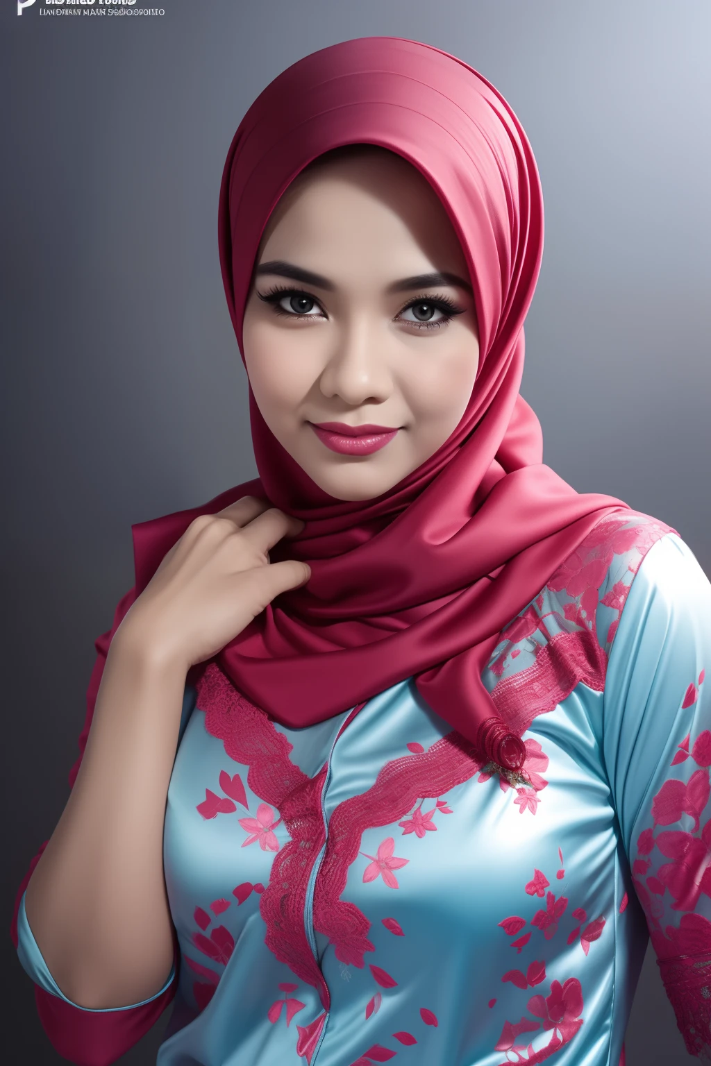 Matured Malay women in hijab wearing sexy satin lace lred color pajamas portrait photography, 35 years old, mid shot photo, ultra detail, professional photograph with professional lighting, smile, light blue studio background, sexy seducing pose, curvy,
