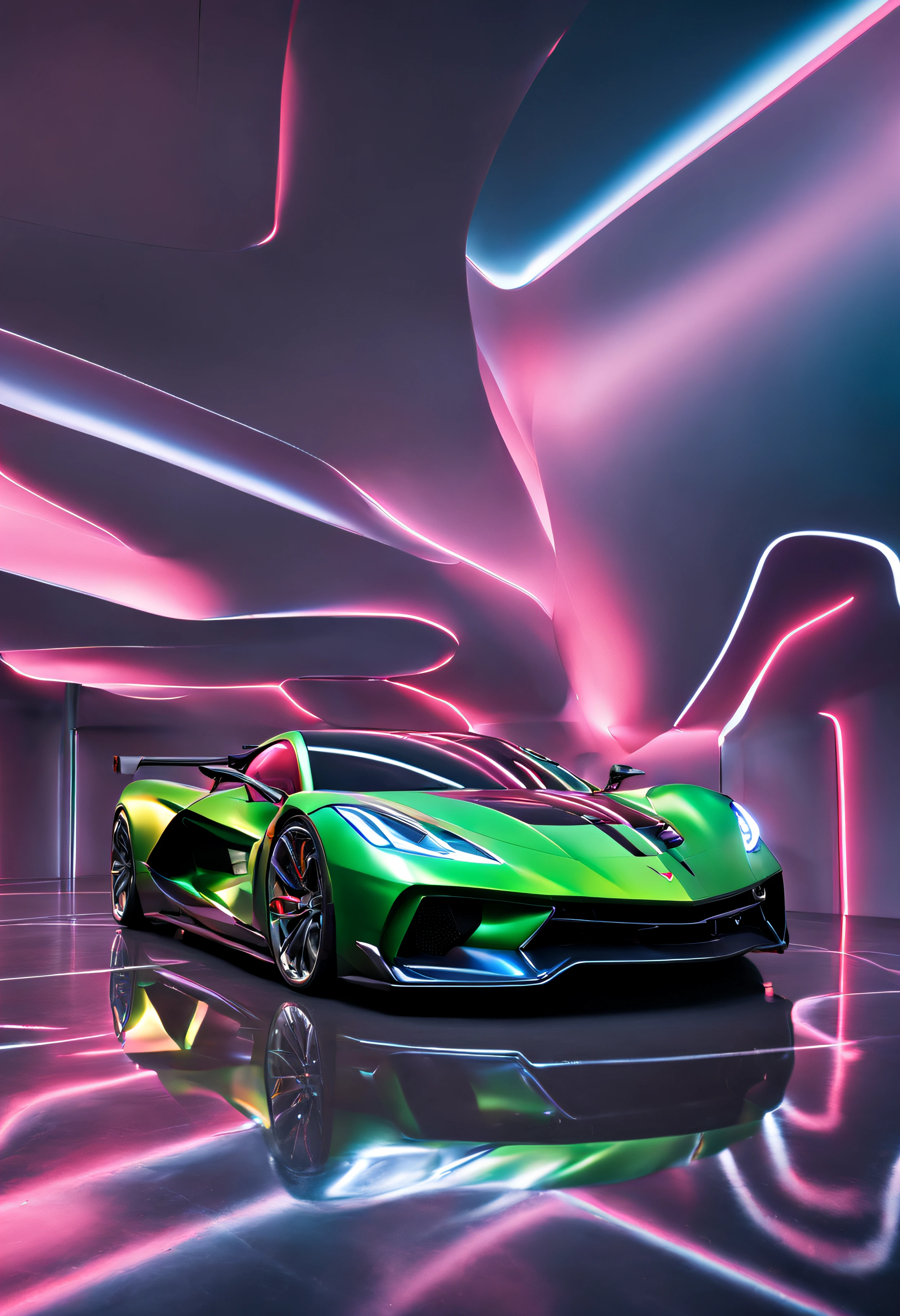 best quality,4k,8k,highres,masterpiece:1.2),ultra-detailed,highly realistic, HDR, studio lighting, (breathtaking,awe-inspiring:1.1) aerial view of a sensational, mind-blowing supercar. The main subject of the image is the “Corvette Z06", a highly detailed and meticulously crafted luxury vehicle. The car is rendered at an astounding 8k resolution, showcasing every intricate detail of its sleek and aerodynamic design. The metallic body of the car reflects the surrounding light, giving it a glossy and polished appearance. Underneath the car, there are vibrant underglow lights that illuminate the ground, creating a mesmerizing and futuristic vibe. These lights, in contrasting colors, add an element of uniqueness and style to the overall composition. Surrounding the supercar is a tropical paradise, with lush greenery and an abundance of exotic plants. The background features a delicate but vibrant color palette, with hues of emerald, turquoise, and vibrant pinks. The image captures the essence of a tropical paradise, transporting the viewer to a serene and idyllic setting. In addition to the natural beauty of the tropical landscape, there are neon psychedelic lights scattered throughout the scene. These lights create a surreal and enchanting atmosphere, casting a vibrant glow on the surroundings. The image is of the highest quality, with crisp details and flawless rendering. The level of realism is unparalleled, with every texture and reflection meticulously recreated. The lighting effects, achieved through professional studio lighting techniques, enhance the overall visual impact and add depth to the image. For this masterpiece, the artist has combined elements of photorealism and fantasy, creating a truly awe-inspiring work of art. The vivid colors, sharp focus, and extreme attention to detail make this image a standout example of automotive artwork. Overall, the prompt describes an ultra-detailed, high-resolution image of the Devel Sixteen, a luxurious super