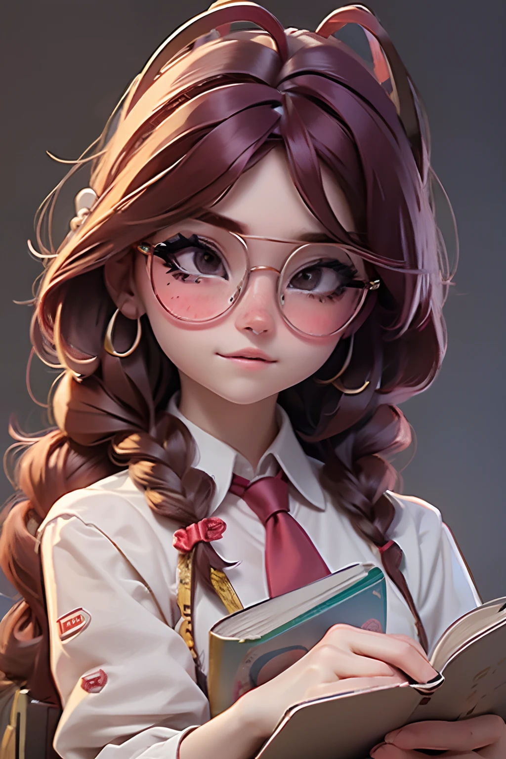 Lolli girl, braid messy hair, school, maroon necktie, glasses, reading a books, library background, maroon hair, cute badgirl, baddie, wearing cool maroon headset,