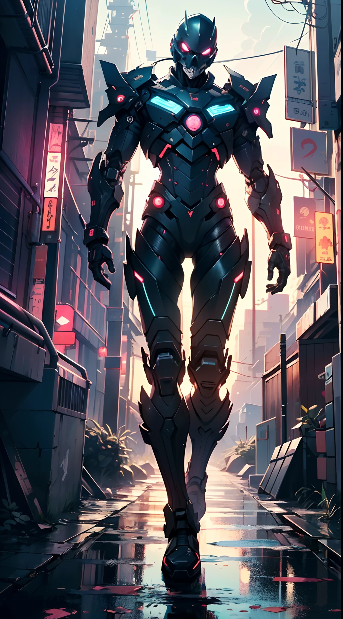 Robot Skull, armored, stealth, Character design, Highly detailed, Intricate details,Mechanical wonder, Cyberpunk, Cybernetic Guardian,male form,skull head,
(dynamic pose:1.0),solo focus,(centered,scale to fit dimensions,Rule of thirds),
cyberpunk city by the ocean at night, with bright neon signs and dark stormy clouds and puddles, scenery:1.25,
highres, sharp focus, (ultra detailed, extremely detailed), (photorealistic artwork:1.37),(extremely detailed CG unity 8k wallpaper),((synthwave background theme)),(((vibrant colors))),(intricate background),(masterpiece),(best quality),