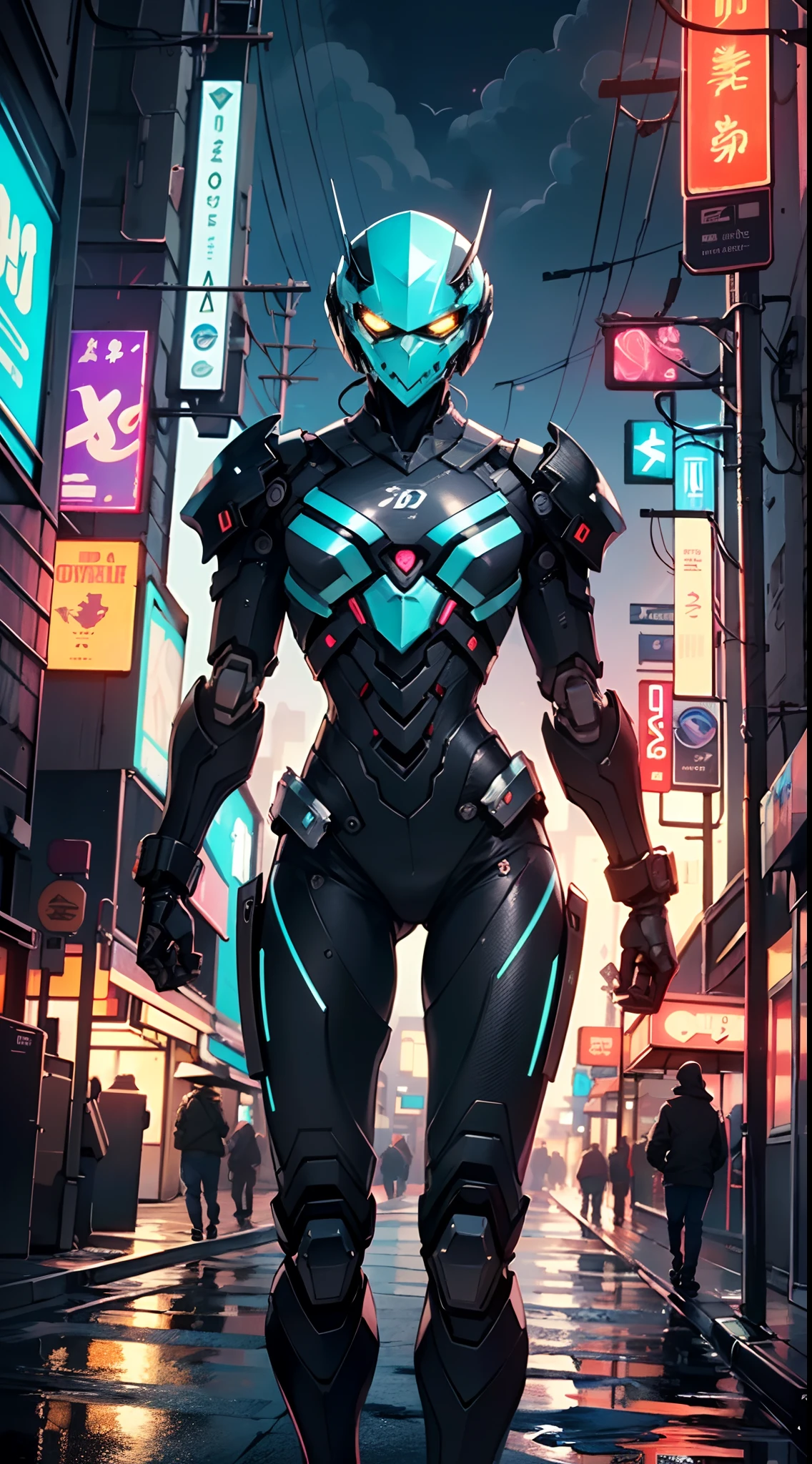 Robot Skull, armored, stealth, Character design, Highly detailed, Intricate details,Mechanical wonder, Cyberpunk, Cybernetic Guardian,male form,skull head,
(dynamic pose:1.0),solo focus,(centered,scale to fit dimensions,Rule of thirds),
cyberpunk city by the ocean at night, with bright neon signs and dark stormy clouds and puddles, scenery:1.25,
highres, sharp focus, (ultra detailed, extremely detailed), (photorealistic artwork:1.37),(extremely detailed CG unity 8k wallpaper),((synthwave background theme)),(((vibrant colors))),(intricate background),(masterpiece),(best quality),