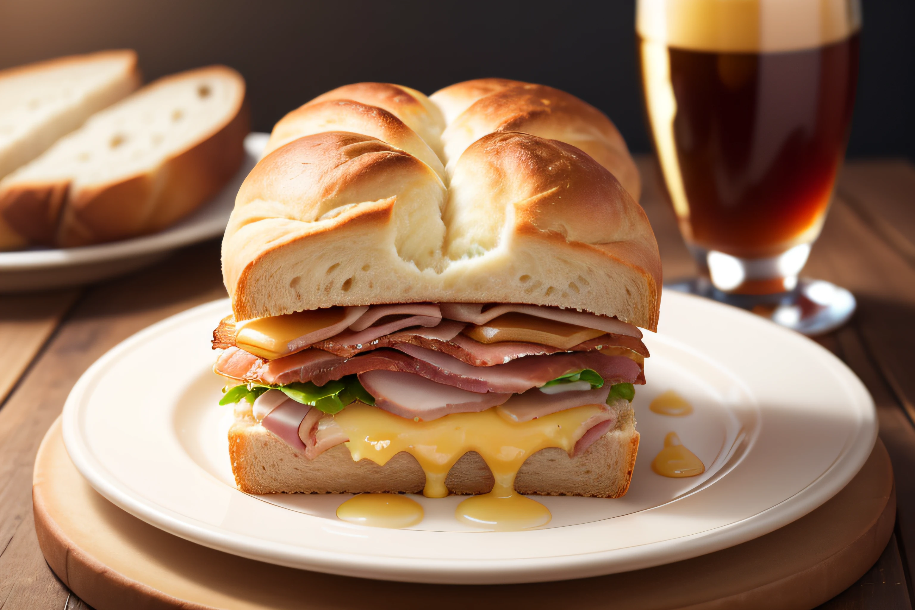 Bread with ham sandwich style served on a plate, out of focus background, food photography, realistic, professional photography, very detailed, 8k, realism, super detailed.