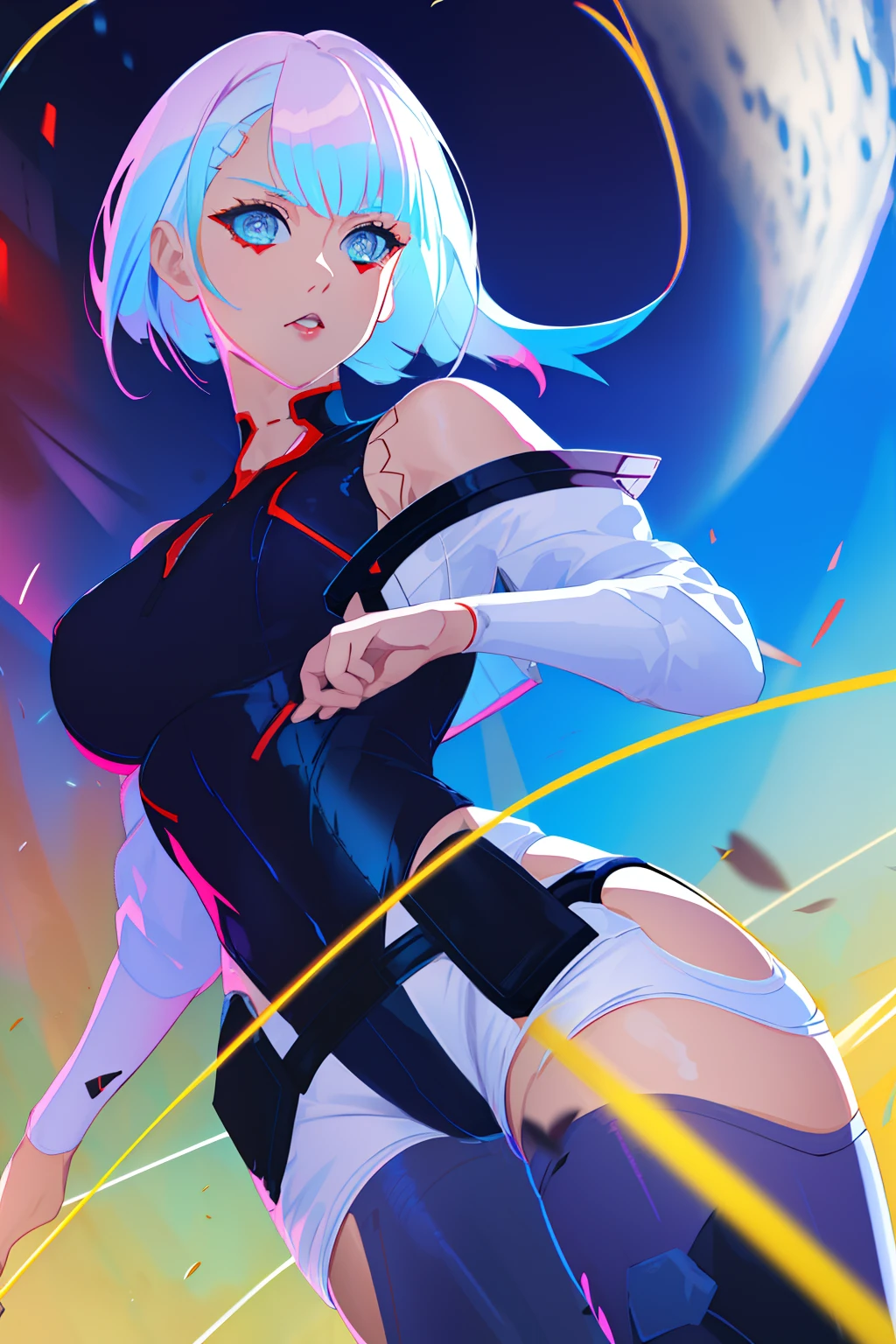 cyberpunk edgerunners, 1girl, lucy \(cyberpunk\), bare shoulders, blue eyes, breasts, leotard, looking at viewer, medium breasts, off-shoulder jacket, off shoulder, red eyeliner, short hair, sleeveless turtleneck leotard, solo, turtleneck leotard, white hair, ((masterpiece))