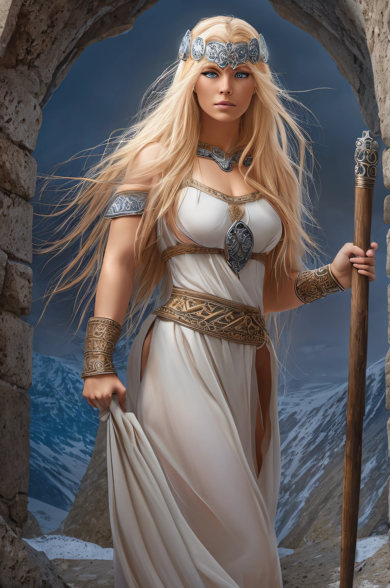 Powerful and beautiful Nordic Goddess, long blonde hair, fierce blue eyes, full nude body, warrior goddess, she is showing her ass