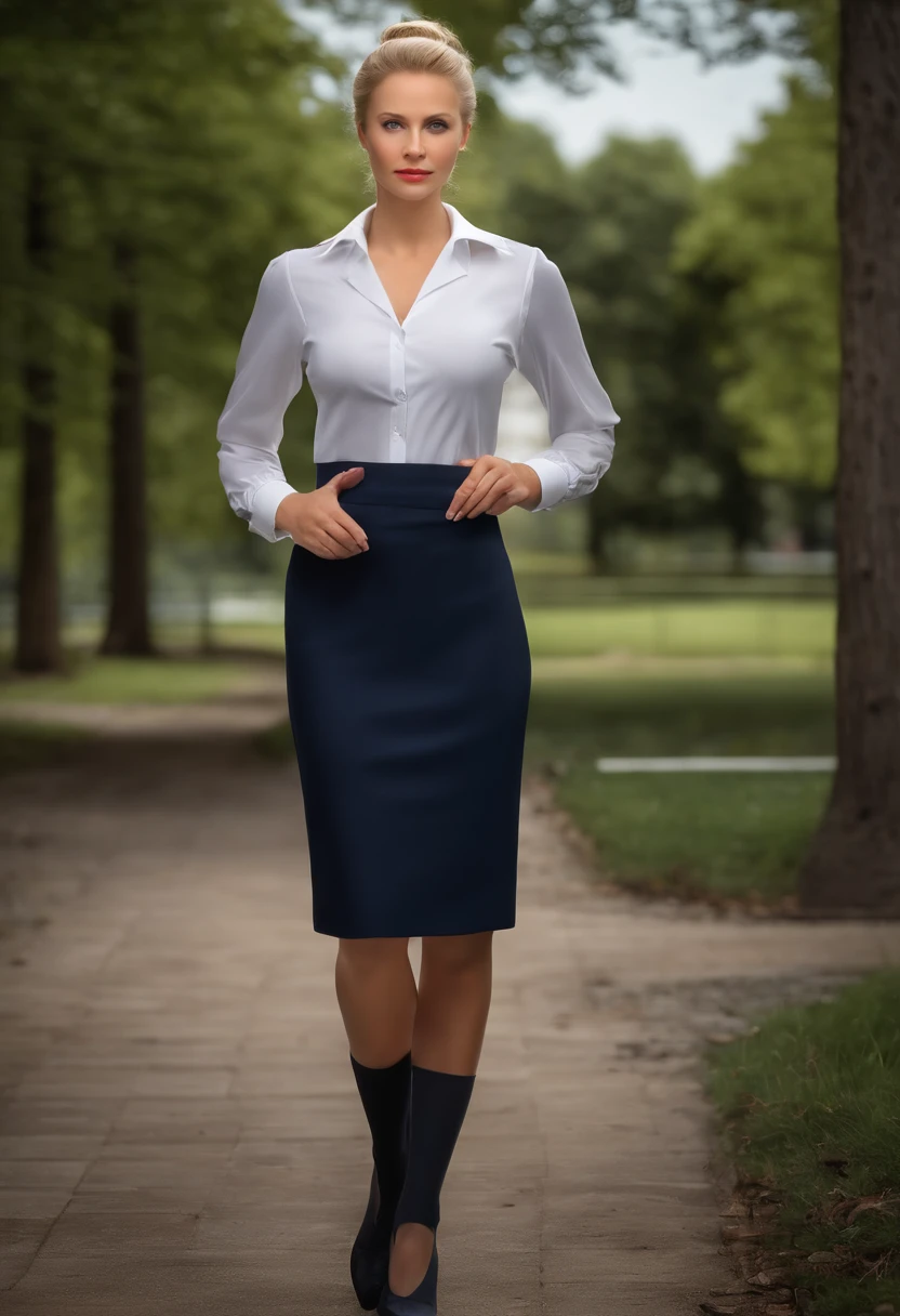 Photorealistic image of a stunning, woman teacher resembling  full body she stands at the entrance of the boarding school, (david hamilton style:1.4)  with blonde hair, bun hairstyle, blue eyes, and European features. She is wearing wet white, translucent shirt with  a red tie and a navy blue pencil skirt, uniform style. Her figure is slim. The woman is looking stern at the camera with a arogant look.