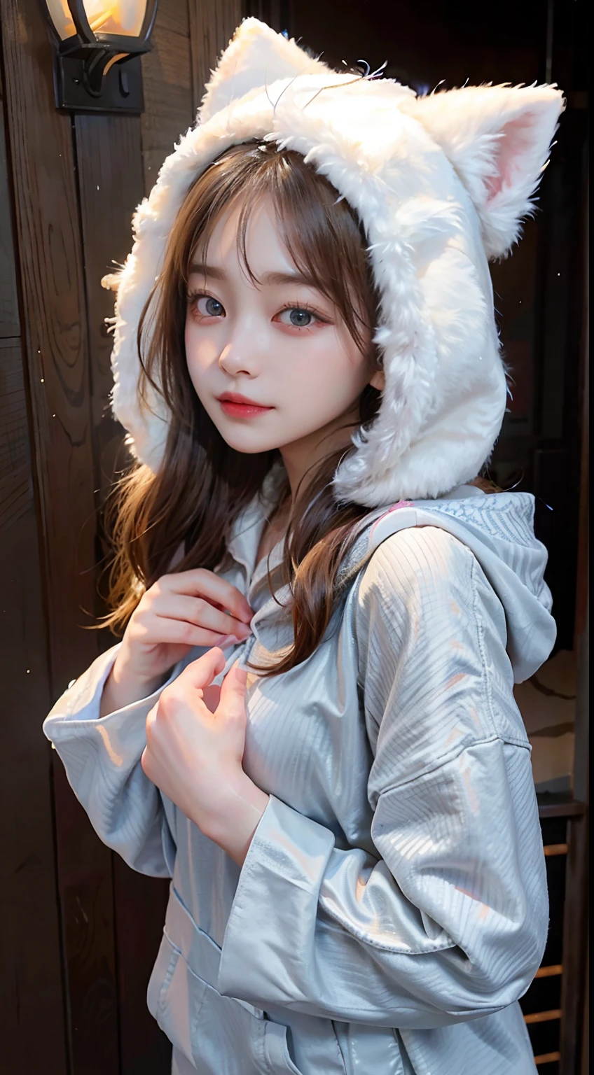 Araffe wearing a white cat ear hoodie and a gray jacket - SeaArt AI