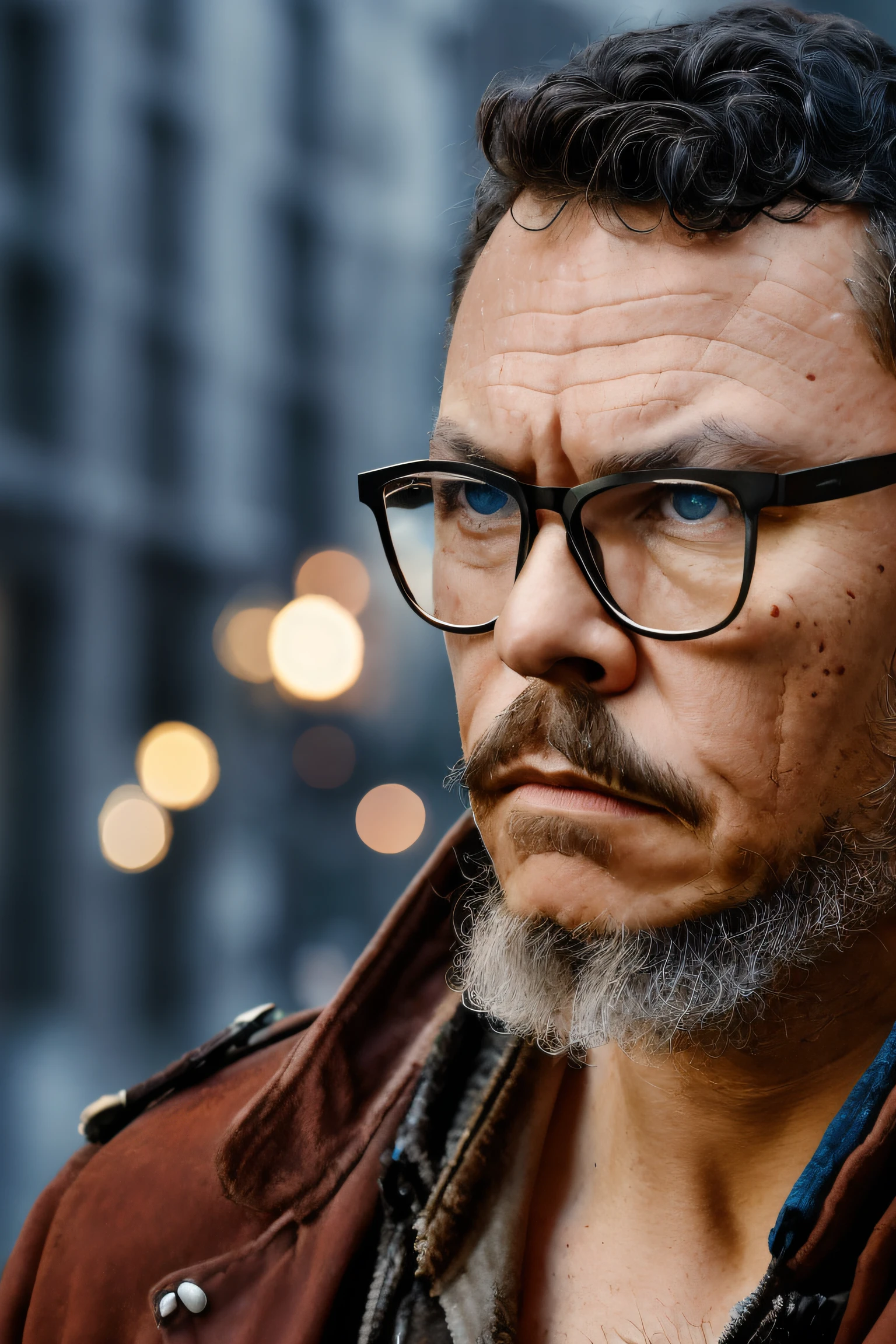 guttojugg1, Portrait photo of muscular bearded guy whith glasses in a worn mech suit, ((light bokeh)), intricate, (steel metal [rust]), elegant, sharp focus, photo by greg rutkowski, soft lighting, vibrant colors, (masterpiece), ((streets)), (detailed face:1.2)