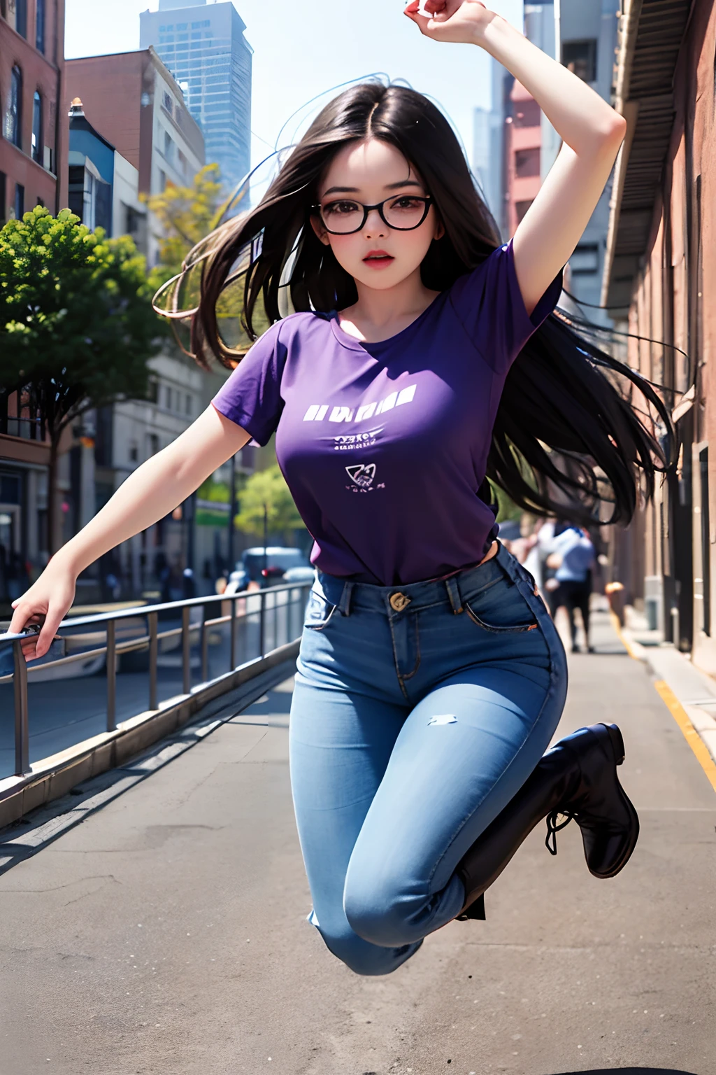 1girl, long black hair with purple streak, brown eyes, wearing purple glasses, wearing purple t-shirt, denim long pants, black boots, high res, ultrasharp, 8K, masterpiece, looking at viewer, full body photo, magnificent scene, epic scenes, college student, college campus, music, running action, jumping action