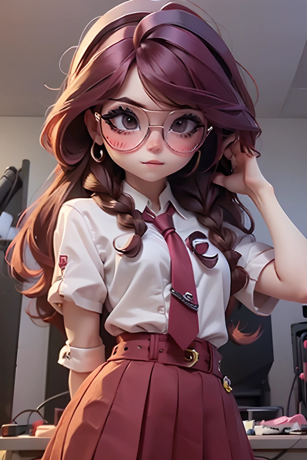 Lolli girl, braid messy hair, school, maroon necktie, glasses, standing pose, library background, maroon hair, cute badgirl, baddie, wearing cool maroon headset,