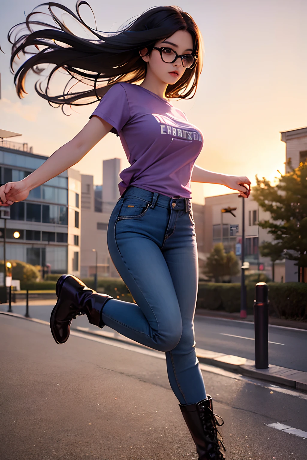 1girl, long black hair with purple streak, brown eyes, wearing purple glasses, wearing purple t-shirt, denim long pants, black boots, high res, ultrasharp, 8K, masterpiece, looking at viewer, full body photo, magnificent scene, epic scenes, college student, college campus, music, running action, jumping action