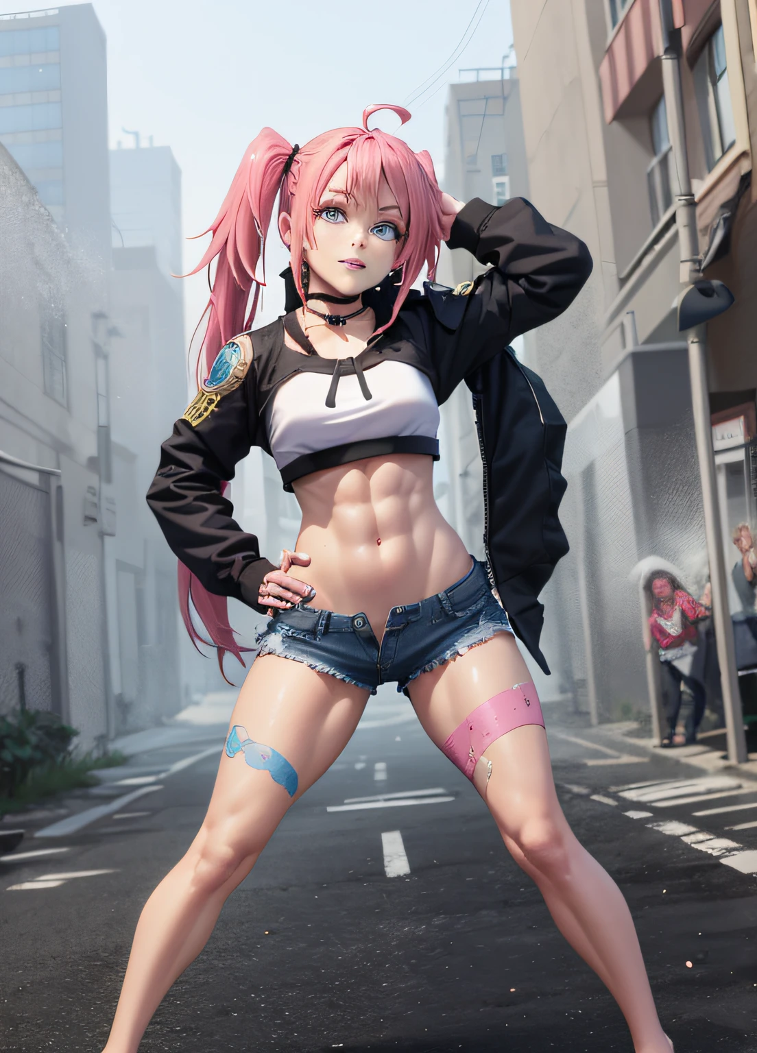 masterpiece, best quality, 1girl, solo, crop top, denim shorts, choker, (graphite: 1.5), paint splashes, (pose with hands on waist), in the city, looking at viewer, armband, body paint, head tilt, happy, long pink hair, pigtails, blue eyes, thick and muscular thighs, muscular belly, barefoot, medium breasts, full body photo