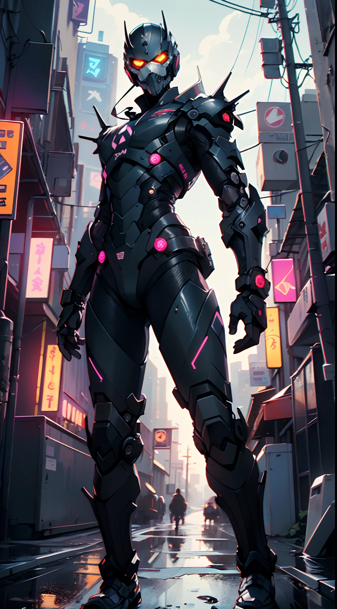 Robot Skull, armored, stealth, Character design, Highly detailed, Intricate details,Mechanical wonder, Cyberpunk, Cybernetic Guardian,male form,skull head,
(dynamic pose:1.0),solo focus,(centered,scale to fit dimensions,Rule of thirds),
cyberpunk city by the ocean at night, with bright neon signs and dark stormy clouds and puddles, scenery:1.25,
highres, sharp focus, (ultra detailed, extremely detailed), (photorealistic artwork:1.37),(extremely detailed CG unity 8k wallpaper),((synthwave background theme)),(((vibrant colors))),(intricate background),(masterpiece),(best quality),