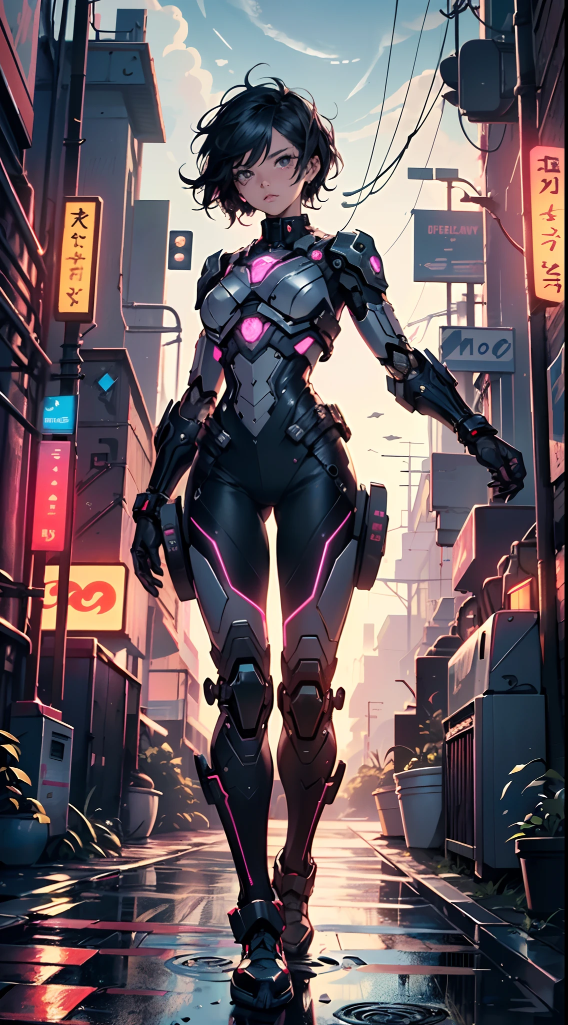 Robot Skull, armored, stealth, Character design, Highly detailed, Intricate details,Mechanical wonder, Cyberpunk, Cybernetic Guardian,male form,skull head,
(dynamic pose:1.0),solo focus,(centered,scale to fit dimensions,Rule of thirds),
cyberpunk city by the ocean at night, with bright neon signs and dark stormy clouds and puddles, scenery:1.25,
highres, sharp focus, (ultra detailed, extremely detailed), (photorealistic artwork:1.37),(extremely detailed CG unity 8k wallpaper),((synthwave background theme)),(((vibrant colors))),(intricate background),(masterpiece),(best quality),