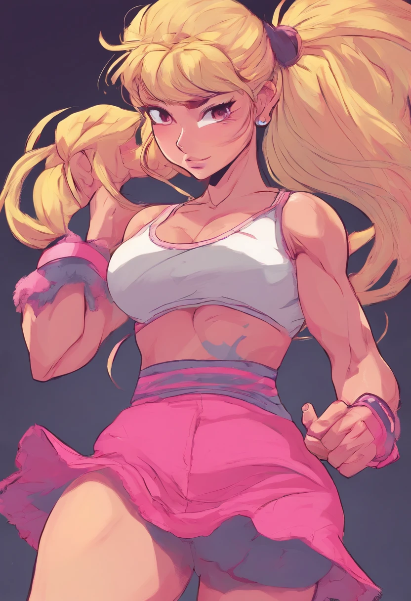 muscular female with blonde pigtails wearing thigh high socks and a pink frilly skirt with gym top on, poofy panties