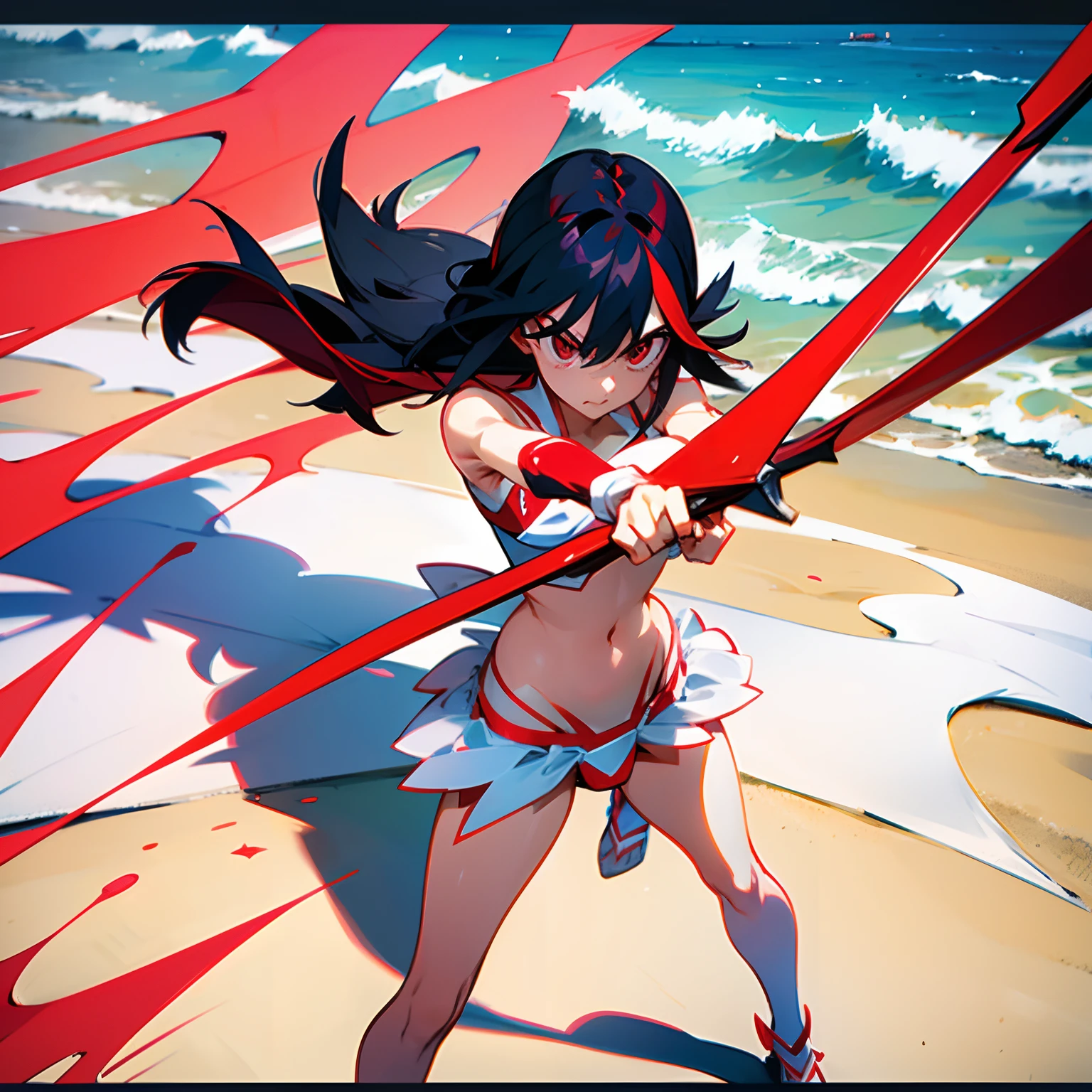 Matoi ryuko de kill la kill vistiendo un bikini rojo en la playa