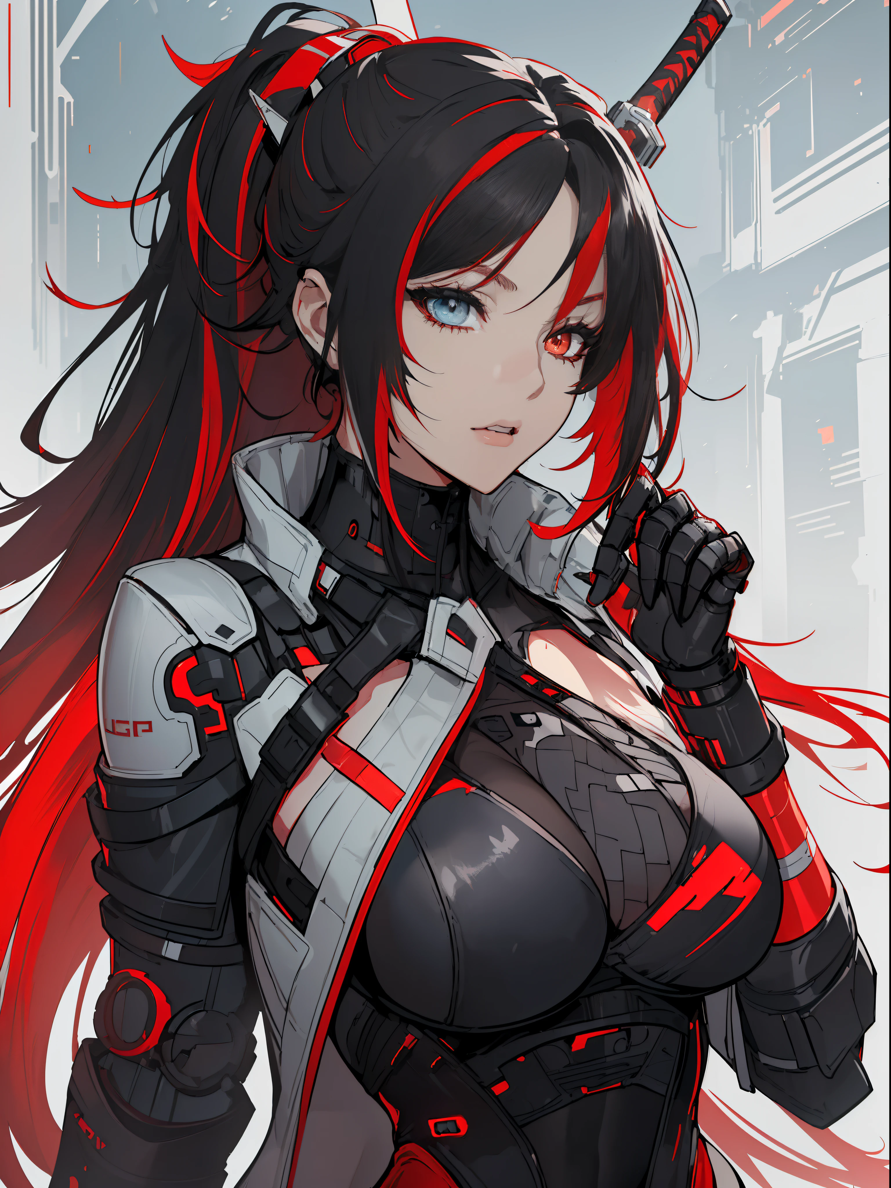 (best quality:1.2, masterpiece, anime) (solo) ((black hair:1.8), (hair with red highlights:1.7), (very long hair, single ponytail)), ((heterochromia_eyes_red_and_grey:1.4)), thick thighs, huge breasts, muscular, athletic, (cyborg:1.5), (robot arms:1.4), (robot legs:1.4), ((highcut leotard:1.8), one-piece, red_black_outift:1.3,) cleavage)), (jacket:1.3), (headgear, horn-like devices), toned body, 1 woman, (age 26), ((holding sword:1.6, katana, glowing)), beautiful, sexy, first rate body, (Lucia_Crimson_Weave:1.4), Lucia