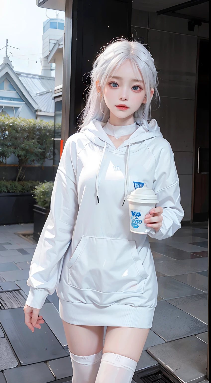A girl with white hair and blue eyes、Standing on a cold day wearing a hoodie。Her white hair swayed in the wind、Blue eyes gaze kindly at the surrounding scenery。Hoodies in pale tones、Warmly enveloping her body、Hood protects her head。Her presence is in harmony with nature.、While protecting yourself from the cold、Beauty and depth of blue eyes stand out。She stands confidently even on cold days、Its presence is graceful and attractive。