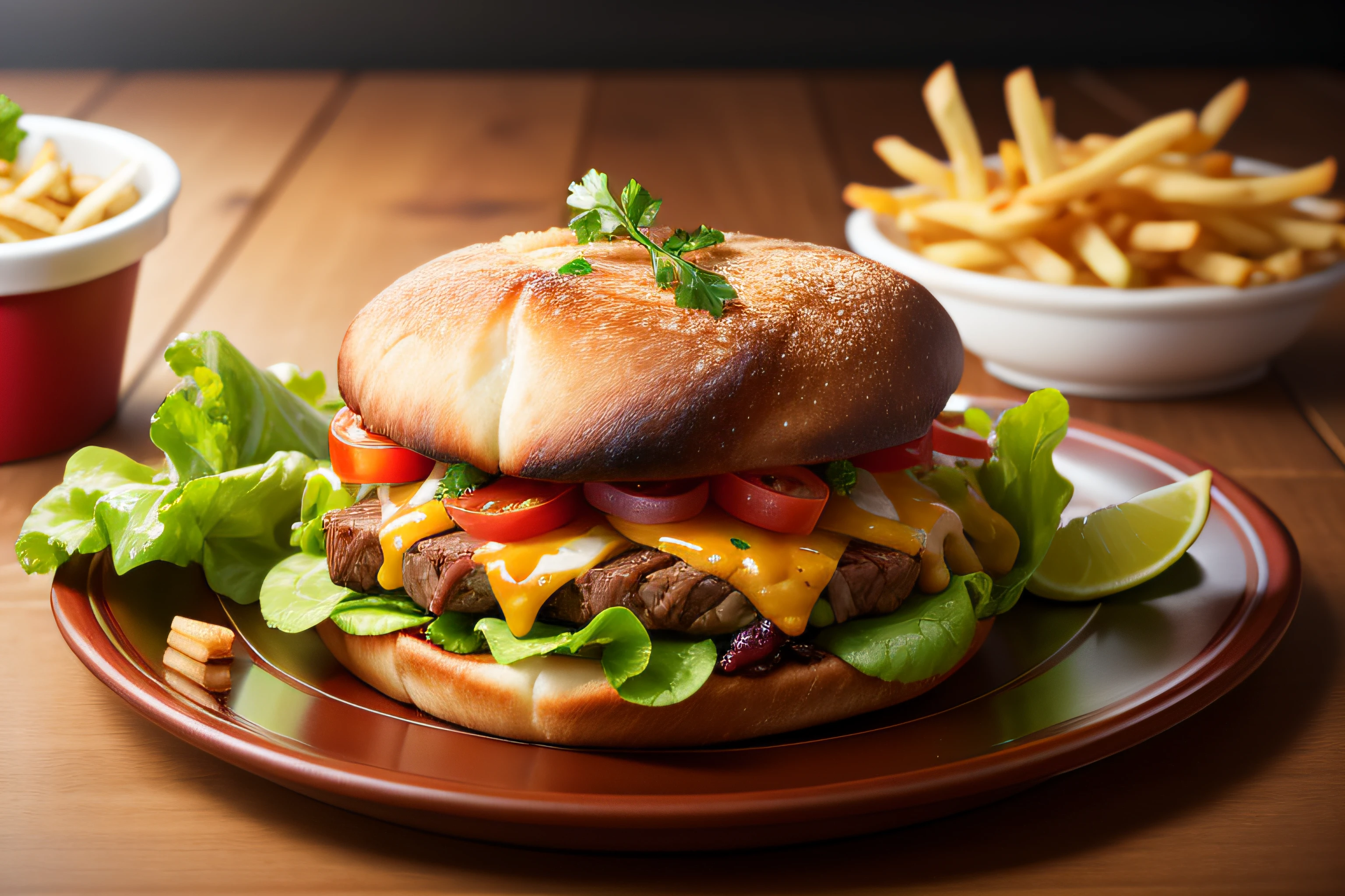 A steakack along with fries and salad served on a plate, out of focus background, food photography, realistic, professional photography, very detailed, 8k, realism, super detailed.