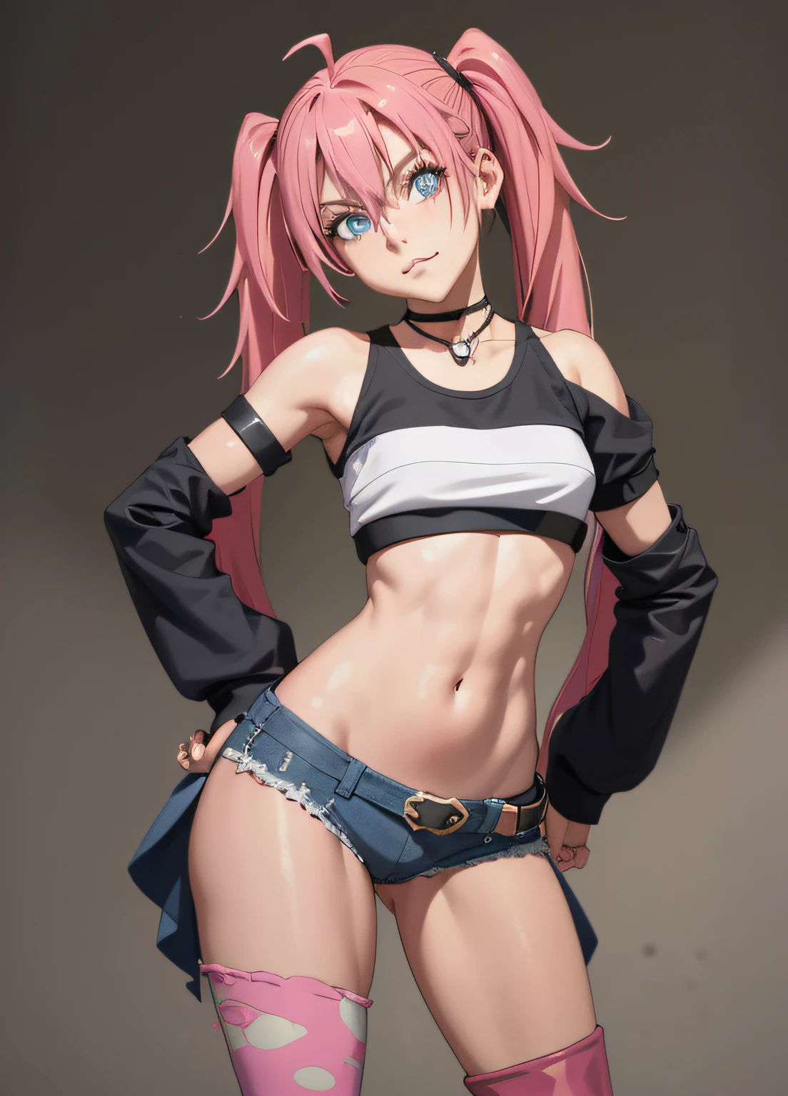 masterpiece, best quality, 1girl, solo, crop top, denim shorts, choker, (graphite: 1.5), paint splashes, (pose with hands on waist), in the city, looking at viewer, armband, body paint, head tilt, happy, long pink hair, pigtails, blue eyes, thick and muscular thighs, muscular belly, red leather boots, medium breasts, full body photo