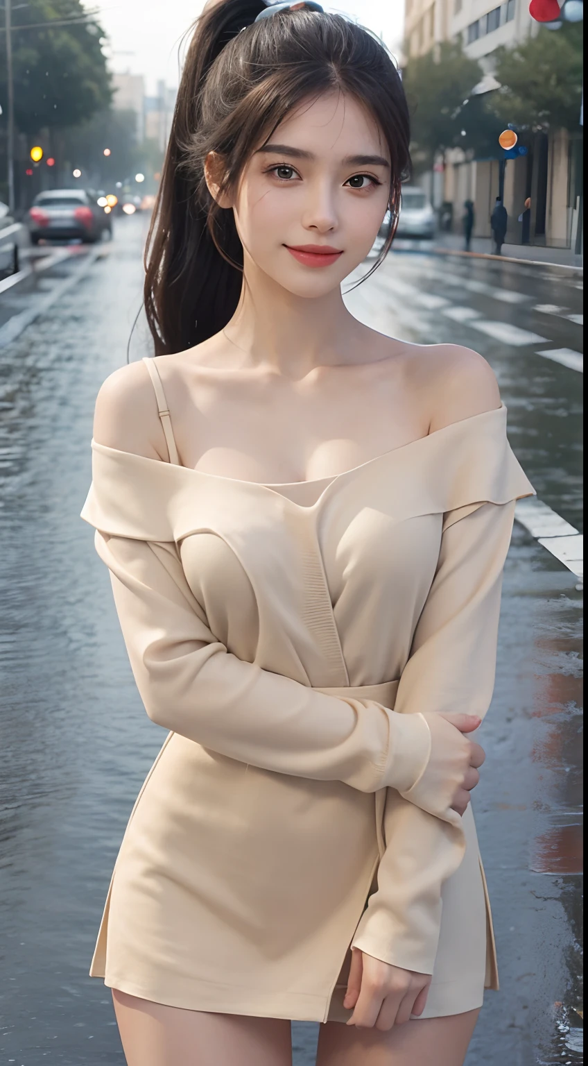 ((Best Quality, 8k, Masterpiece:1.3)), Focus: 1.2, Perfect Body Beauty: 1.4, Buttocks: 1.2, ((High Ponytail, Collarbone: 1.2)), (Short Skirt: 1.1) , (Rain, Street:1.3), Highly detailed face and skin texture, Fine eyes, Double eyelids, Whitened skin, Long hair, (Shut up: 1.3), Smile, Long legs, Full body, Best proportions of four fingers and one thumb, Smiley face, Face texture: 1.3, Sunshine, Summer, collarbone, beautiful eyes, real face, real skin, realistic face, realistic skin, detailed eyes, detailed facial features, detailed clothing features, detailed face, chest contour, tight fit, POS random, upper body silk wrap: 1.4