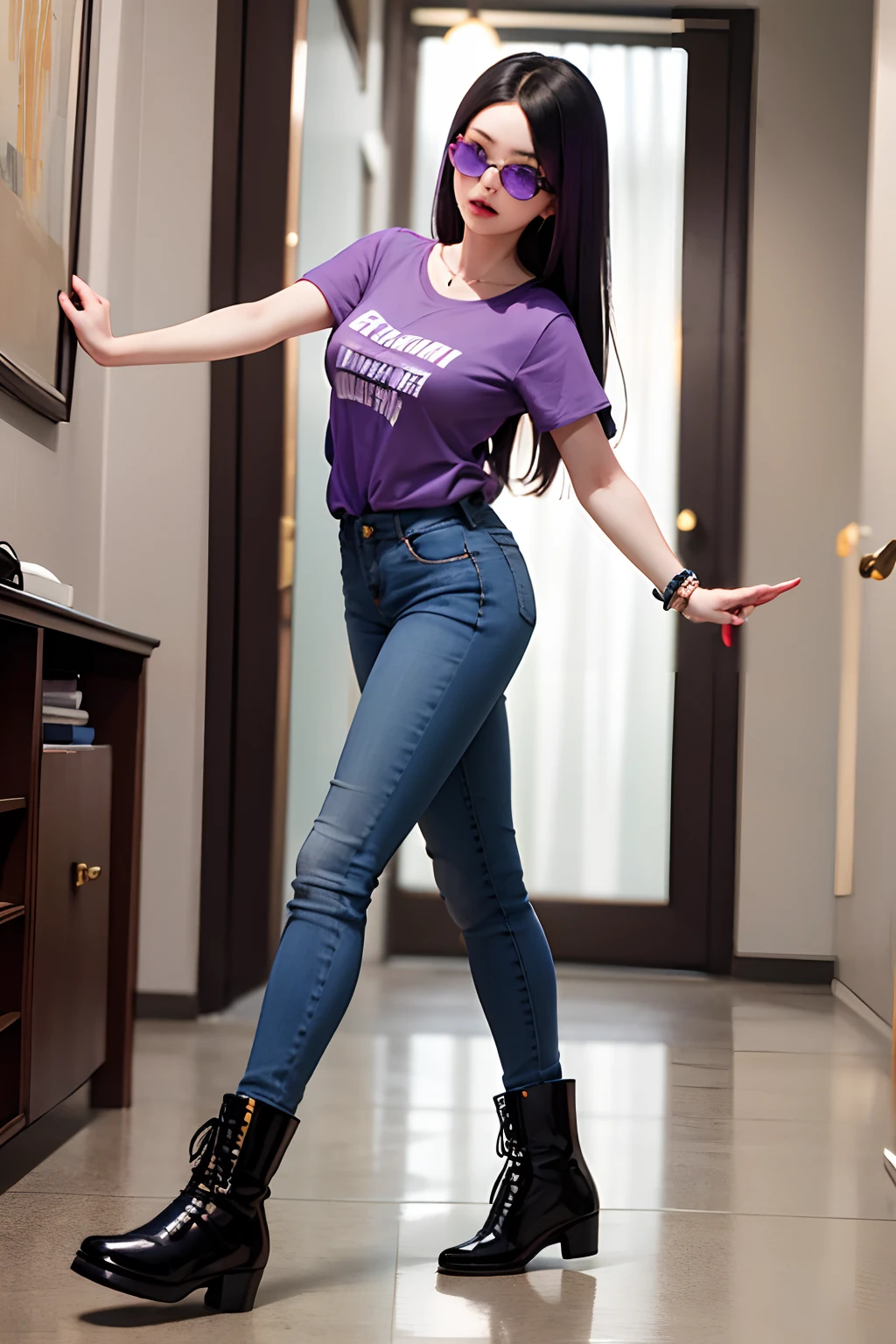 1girl, long black hair with purple streak, brown eyes, wearing purple glasses, wearing purple t-shirt, denim long pants, black boots, high res, ultrasharp, 8K, masterpiece, looking at viewer, full body photo, magnificent scene, epic scenes, college student, college campus, music, dancing, walking