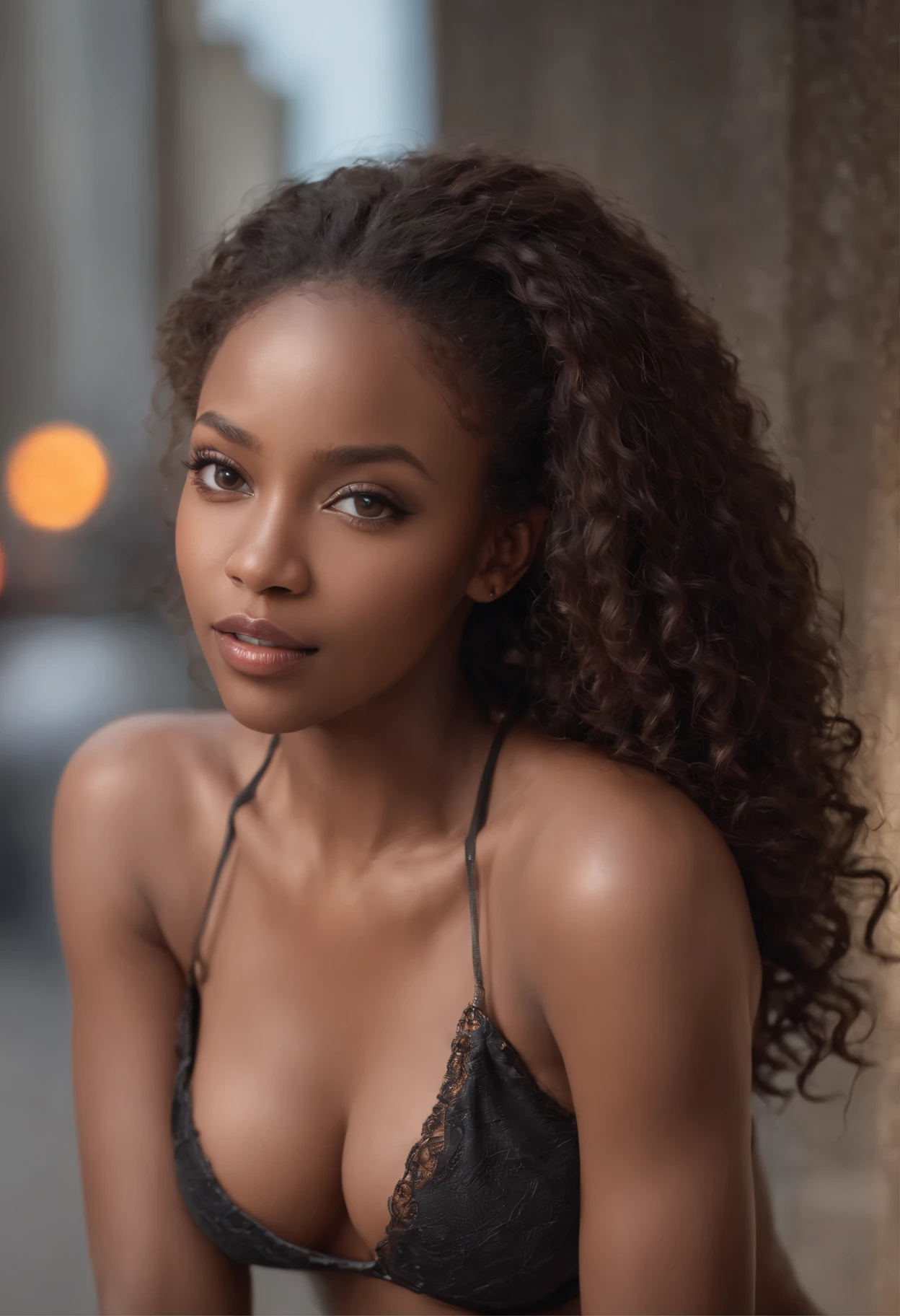 ((Dark African skin, Very deep ebony skin)), ((Its beauty is undeniable)), ((Excited cute face)), ((Hyper detailed perfect eyes,)), ((Pose mignonne)), ((Langue sortie)), ((Seductive )), sexy, (( Tight mesh shirt, shorts courts sexy)), ((African long curly hair afro ponytail,)), (( peau)), ((debout, Vue de face)), ((toucher ses propres jambes dans une pose sexy)), ((dehors, Ville publique)), (( very sexy)),Sharp Focus CGI, photoreallistic, High detail, Realstic, Masterpiece, absurdes, Best quality, Hdr, High quality, high-definition, Extremely detailed, 8k wallpaper, Intricate details, 8K UHD, Full-HD, (photo realist:1.2), contraste, intense illumination, lighting cinematic, natural lighting, hard light, contre-jour, Illumination globale, occlusion ambiante