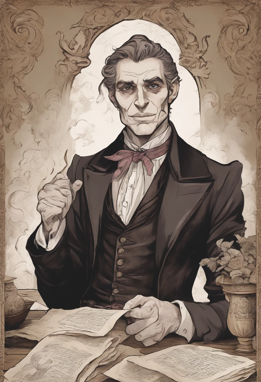 man possesses a facial visage reminiscent of a Gringotts Goblin from the Harry Potter universe. Dressed impeccably in a finely tailored suit characteristic of 1870s Victorian England, he is seated at a mahogany table. With an aura of malevolence, he intently peruses a newspaper, a devilish grin curling upon his lips Realistic style, artistry captures every intricate detail, from the meticulously crafted folds of his attire to the sinister gleam in his eyes.