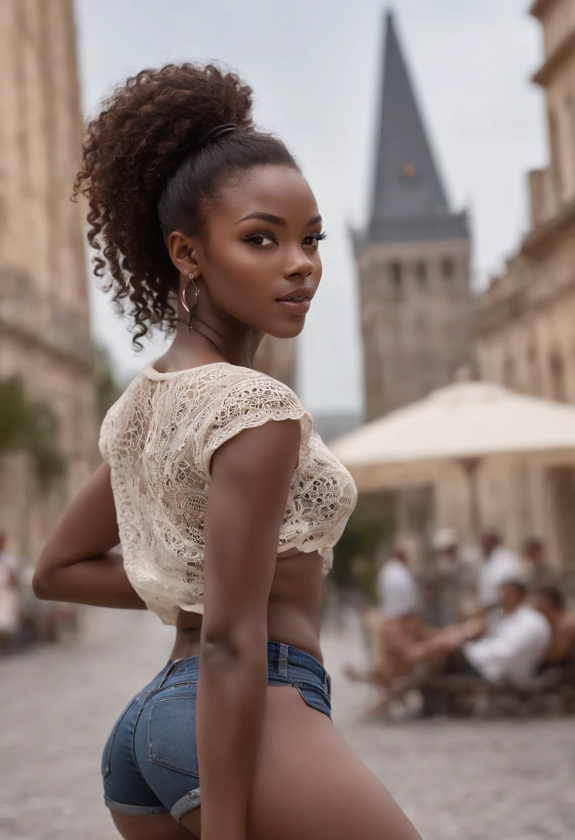 ((Dark African skin, Very deep ebony skin)), ((Its beauty is undeniable)), ((Excited cute face)), ((Hyper detailed perfect eyes,)), ((pose mignonne)), ((Langue sortie)), ((Seductive )), sexy, (( Tight mesh shirt, shorts courts sexy)), ((Afro ponytail with long African curly hair,)), (( peau)), ((debout, vue de face)), ((toucher ses propres jambes dans une pose sexy)), ((dehors, Ville publique)), (( very sexy)),Sharp Focus CGI, photoreallistic, High detail, Realstic, Masterpiece, absurdes, Best quality, Hdr, High quality, high-definition, Extremely detailed, 8k wallpaper, Intricate details, 8K UHD, Full-HD, (photo realist:1.2), contraste, intense illumination, lighting cinematic, natural lighting, hard light, contre-jour, Illumination globale, occlusion ambiante