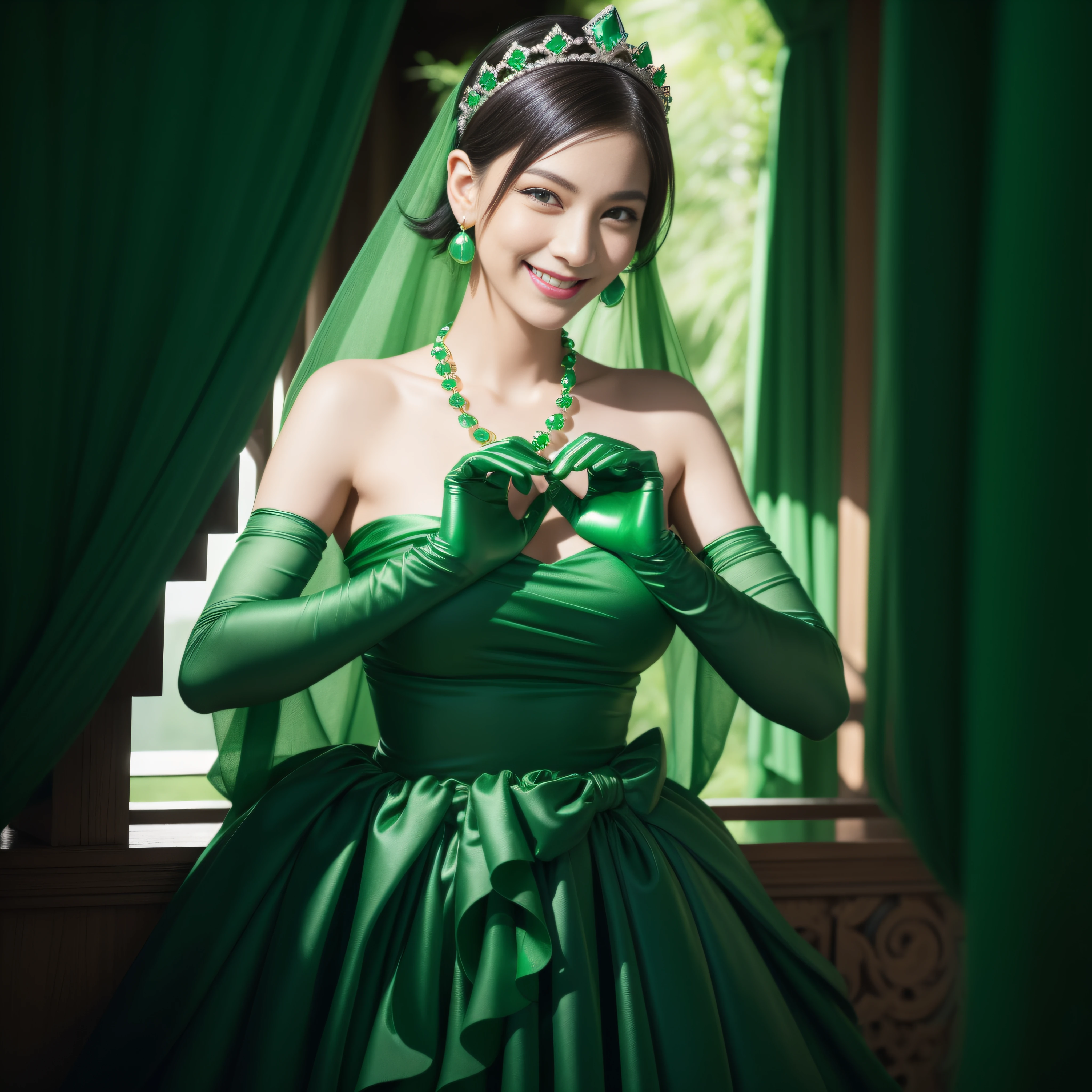 emerald tiara, Green Pearl Necklace, Boyish very short green hair, lipsticks, Japan woman smiling, very short short hair,  big breasts beautiful, Green eyes, Long green gloves made of satin material, Green eyes, Emerald Earrings, green vale, Heart with both hands