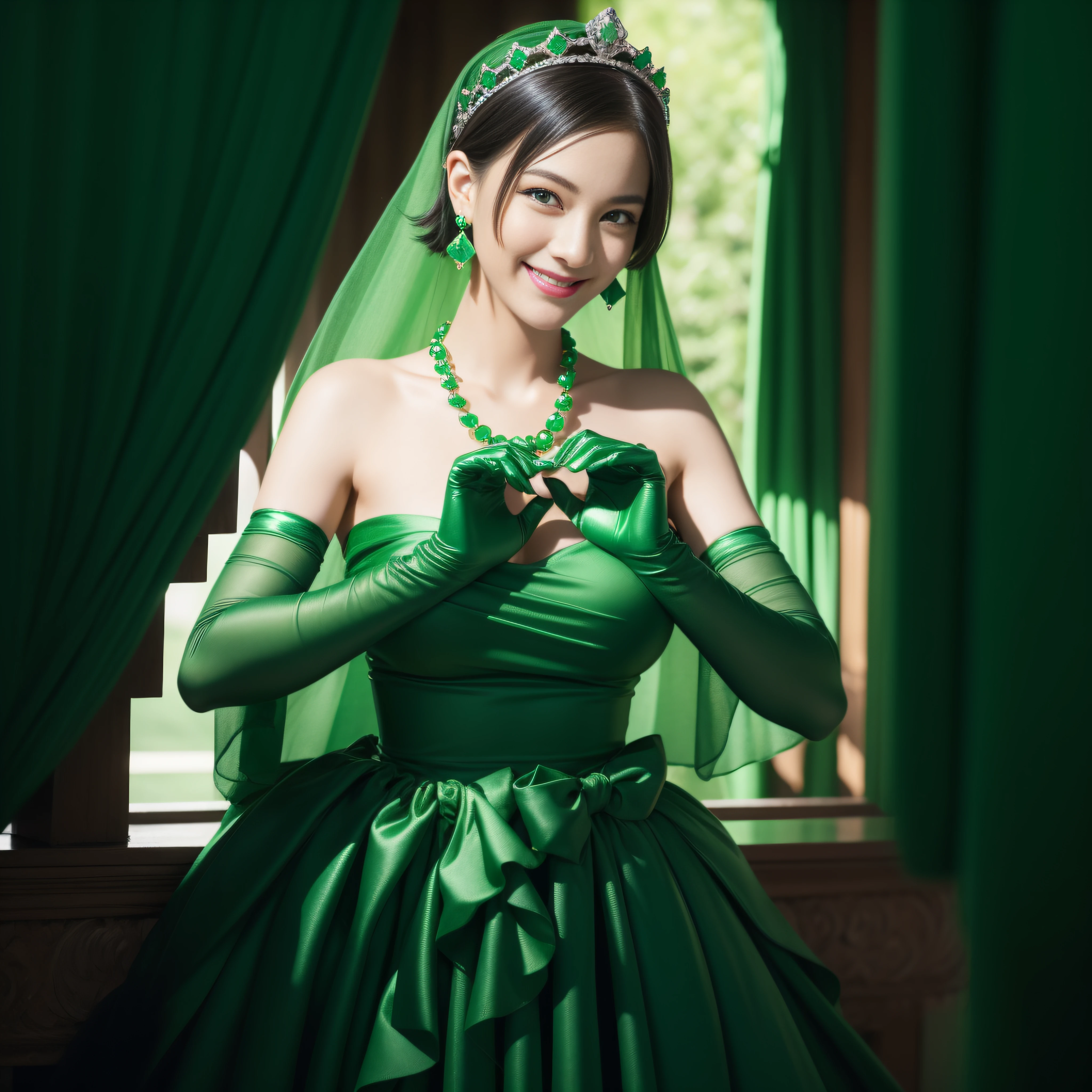 emerald tiara, Green Pearl Necklace, Boyish very short green hair, lipsticks, Japan woman smiling, very short short hair, big breasts beautiful, Green eyes, Long green gloves made of satin material, Green eyes, Emerald Earrings, green vale, Heart with both hands