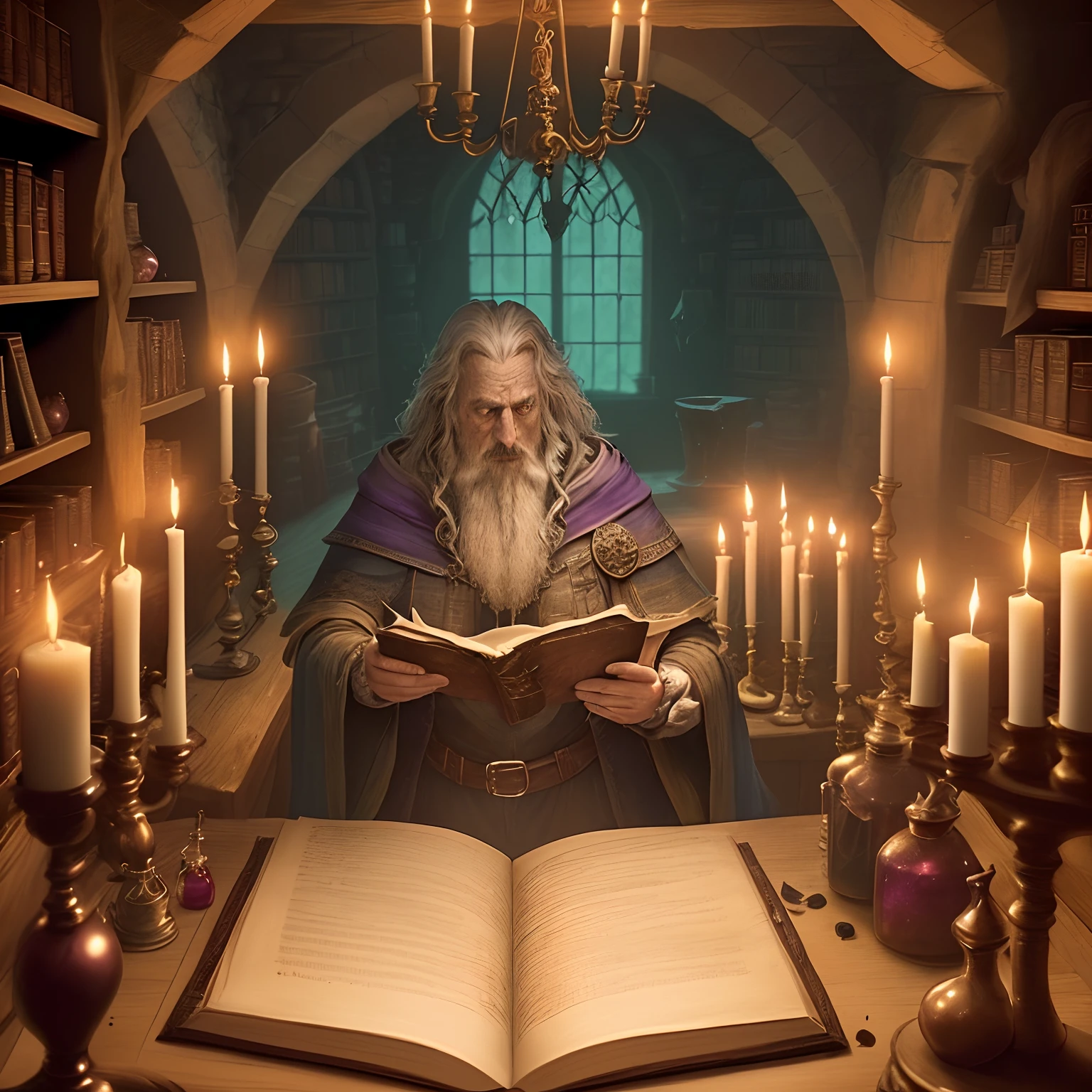 A scene where a wizard is in his potion room concocting spells and elixirs. In this room holds a vast library of spell books and floating candles float above the wizard and his chemistry