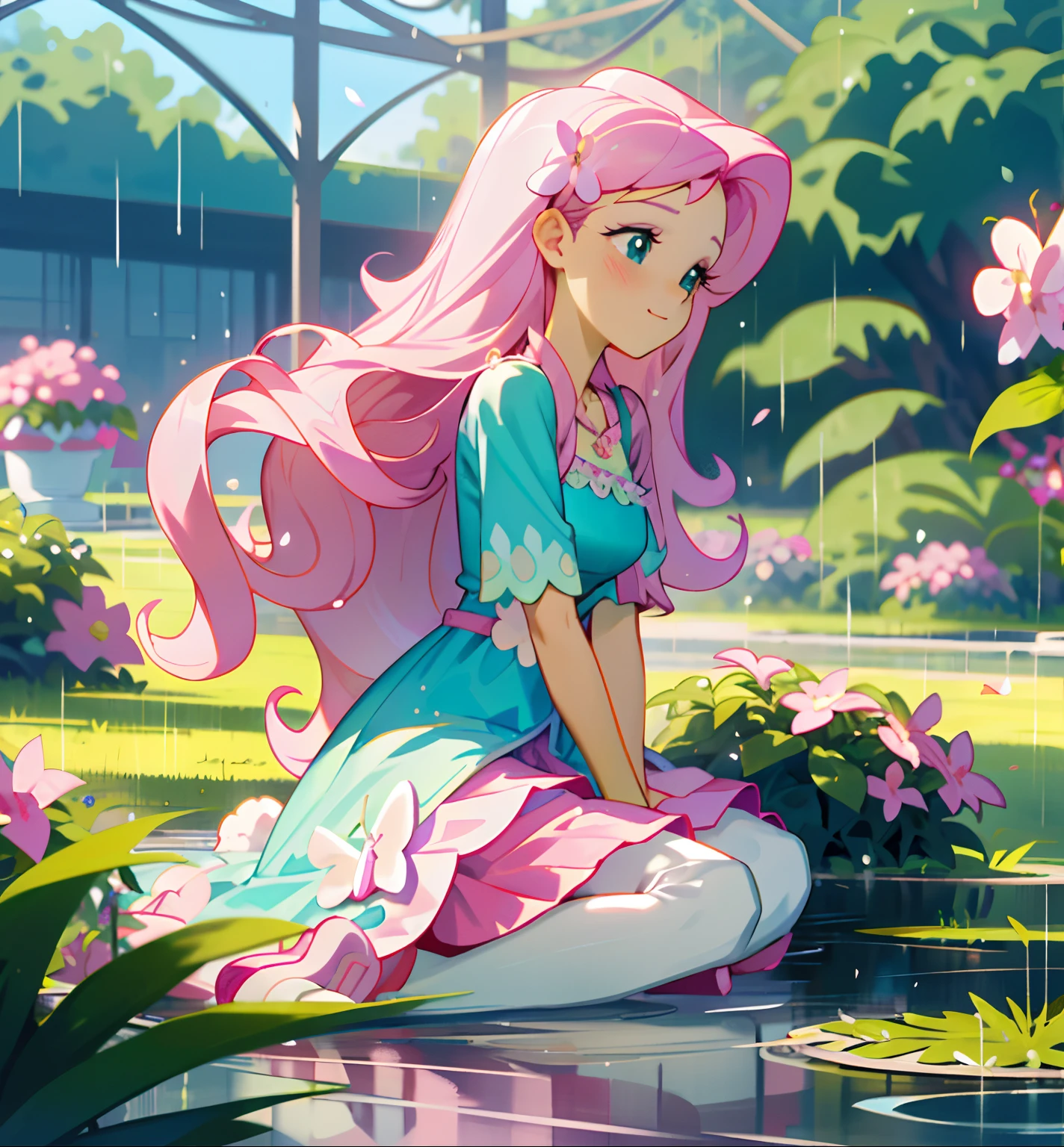 Fluttershy, fluttershy from my little pony, fluttershy in the form of a girl, lush breast, pink long wavy hair, soft smile, flowers, butterflies, ( 1 white bunny sitting next to her ), (top quality, masterpiece, ultra-realistic), rainy day, raining, wet ground, puddle, indoor botanical garden, dome, lots of flowers, dense mass plants, the background landscape is a garden with petals and puffs flying around. --v6