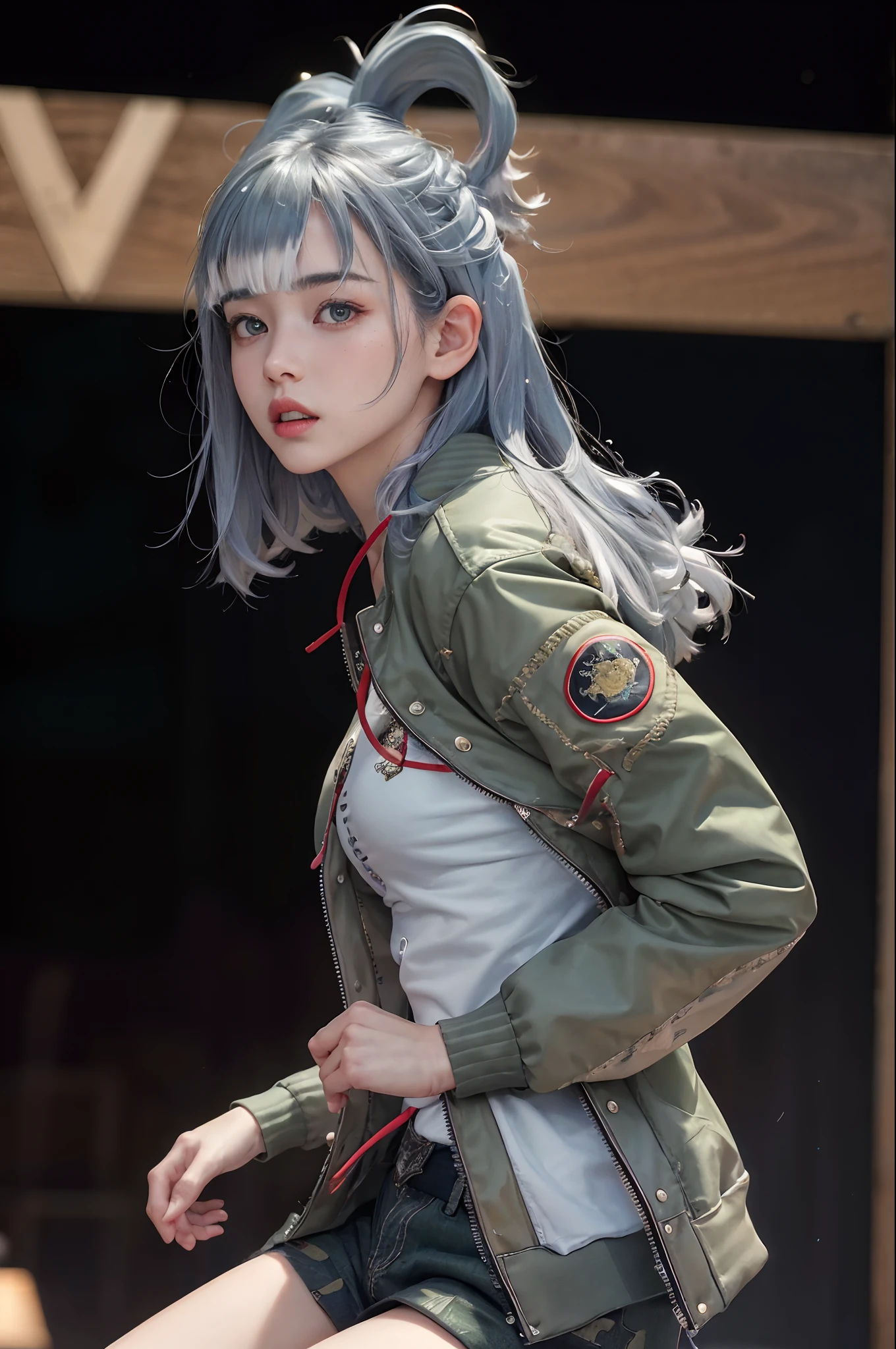 (masterpiece:1.2), (photorealistic:1.2), (best quality),((realistic:1.3)), (detailed skin:1.3), (intricate details), Half body shot in a dynamic, action pose. Cool, beautiful, youthful and sexy 20 year old woman wearing an army green bomber jacket holding a katana high, her head tilted slightly upwards, hair is graying white in a bob cut, midrib exposed. Cinematic composition. Jacket with cool embroidery from western pop culture.