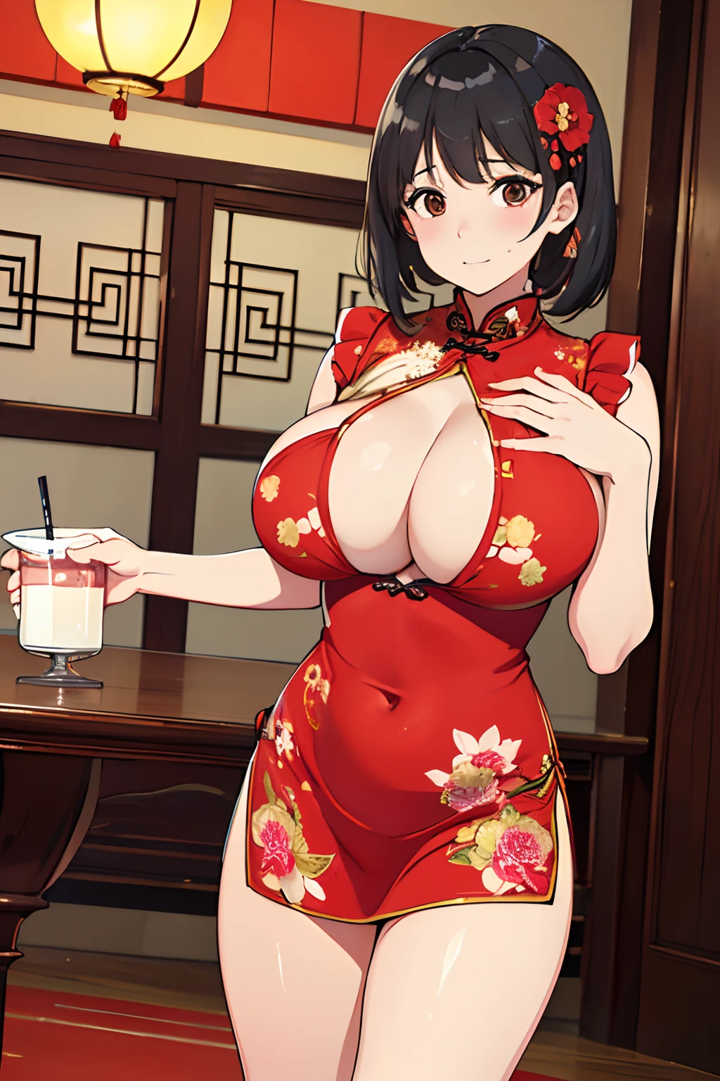 (masutepiece,Best Quality,High quality,ultra-detailliert,Extremely detailed,超A high resolution,Best aesthetic,8K),Cowboy Shot,Beautuful Women,,(((saggy tits))),(((Protruding areola,,Open chest))),(Red cheongsam),Chinese Restaurant,Drunk,Drink alcohol