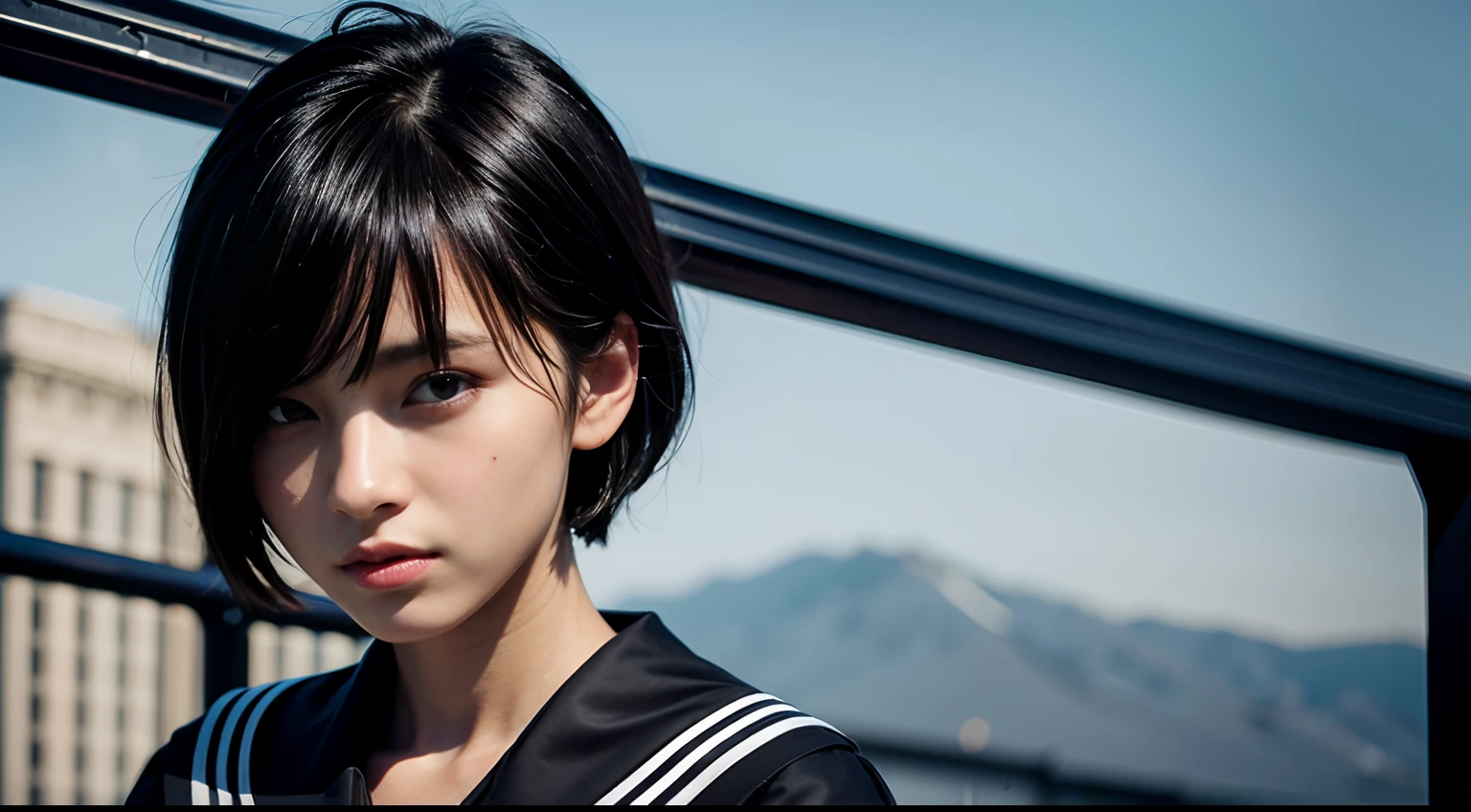 short hair, black hair, bangs, black eyes, ((black sailor uniform)), 17 years old, upper body, beauty, solo, extremely beautiful face, exquisite face