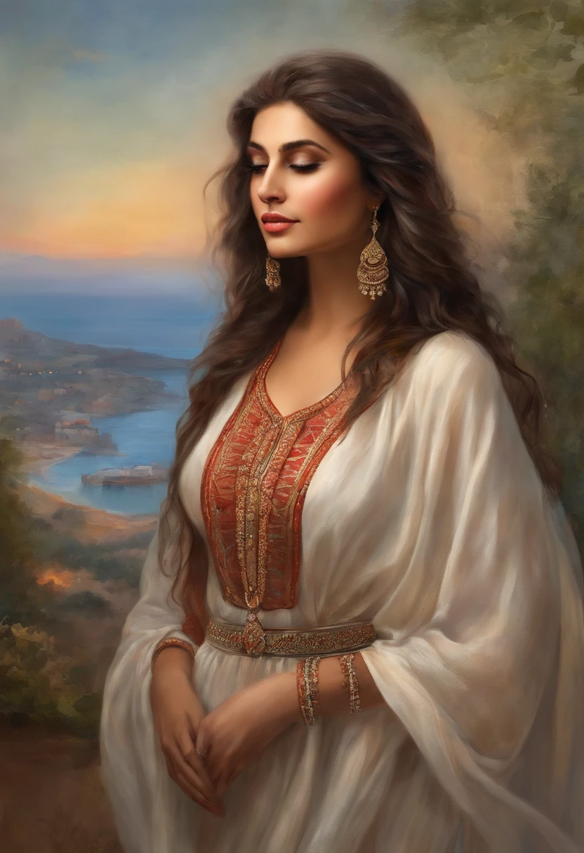 Very Beautiful Watercolor painting of a Middle Eastern girl : : Trending on Artstation: : Simple composition creates a sense of order and harmony. The painting reflects the spiritual qualities of the natural world. --up light --ar 9:16