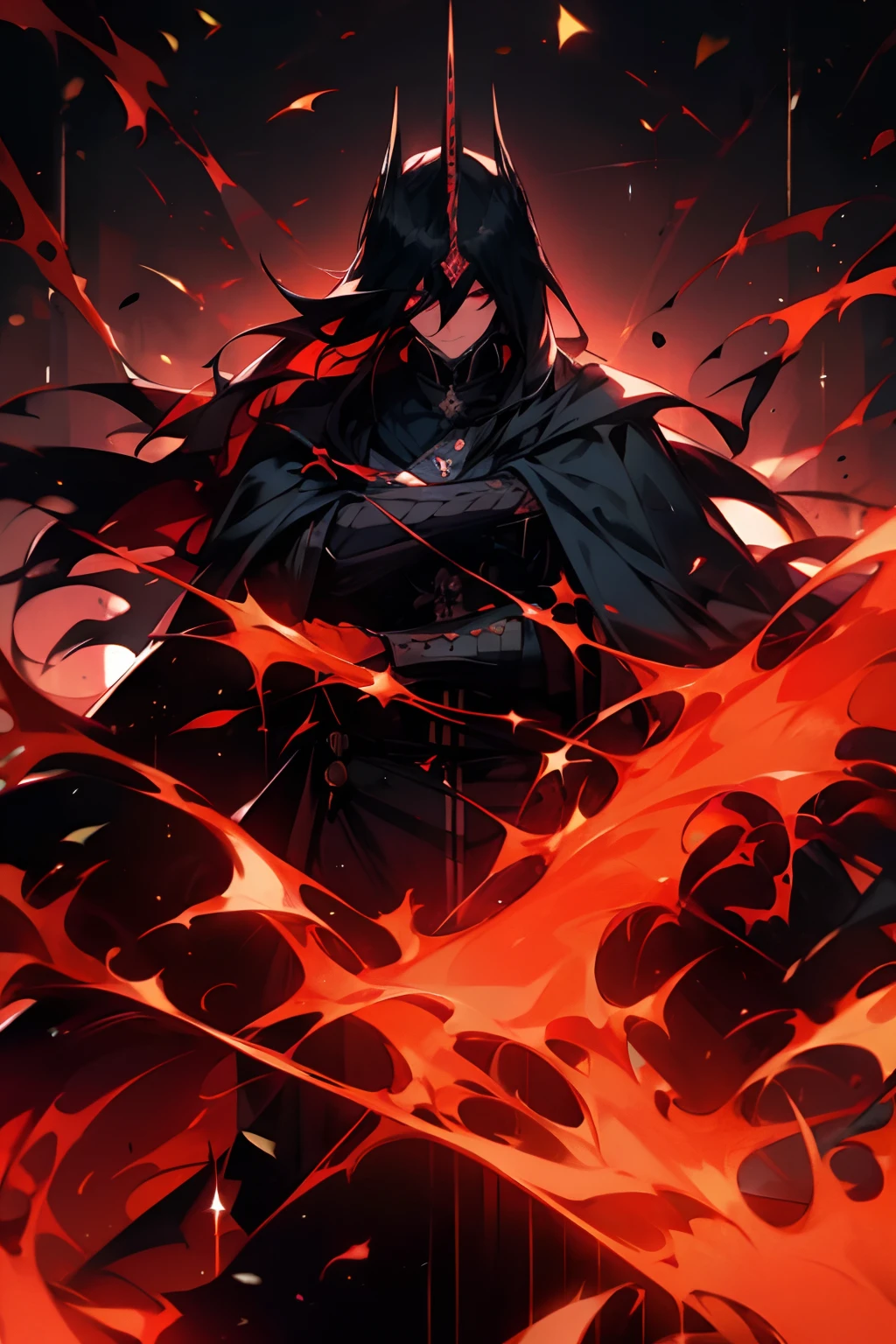 A man with short and long black hair, and bright-red eyes. Wears the black cloak of a military emperor.