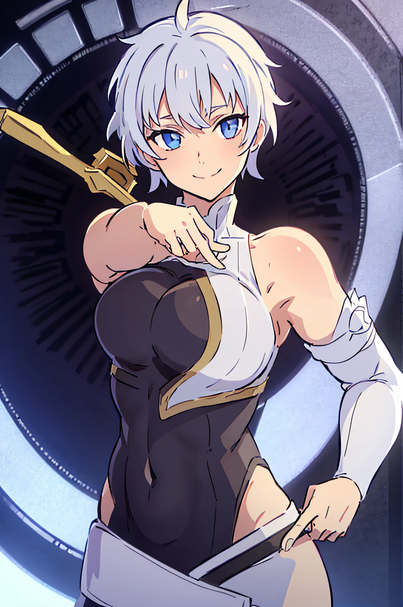 AKA, WHITE HAIR, TURTLENECK WITH TRIM, CLEAVAGE CUTOUT, DETACHED SLEEVES, BARE MIDRIFF, 1girl, solo, facing viewer, looking at viewer, smile.