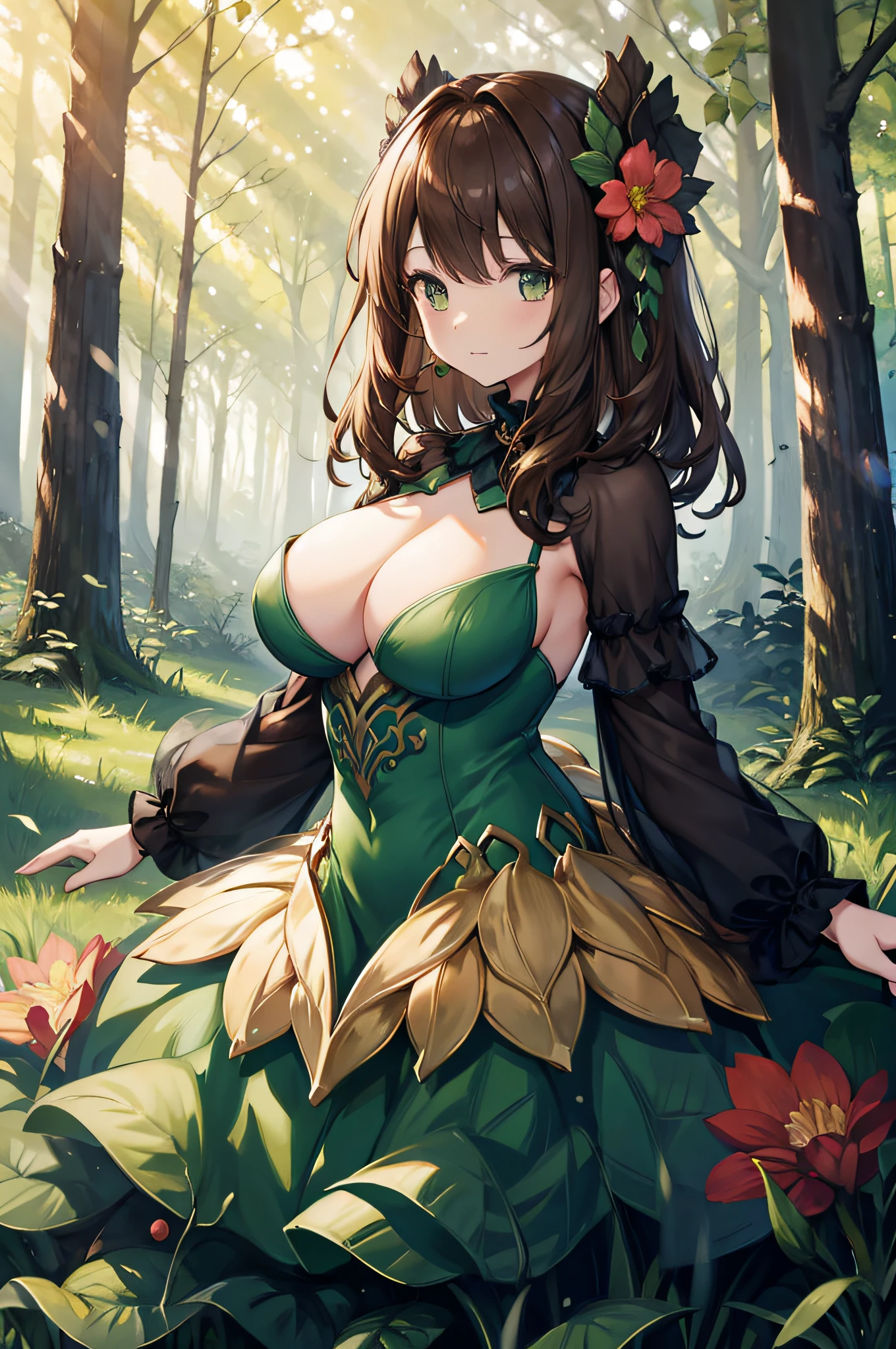 4K,hight resolution,One Woman,alraune,brown haired,Slightly larger,Dress made of grass,in woods