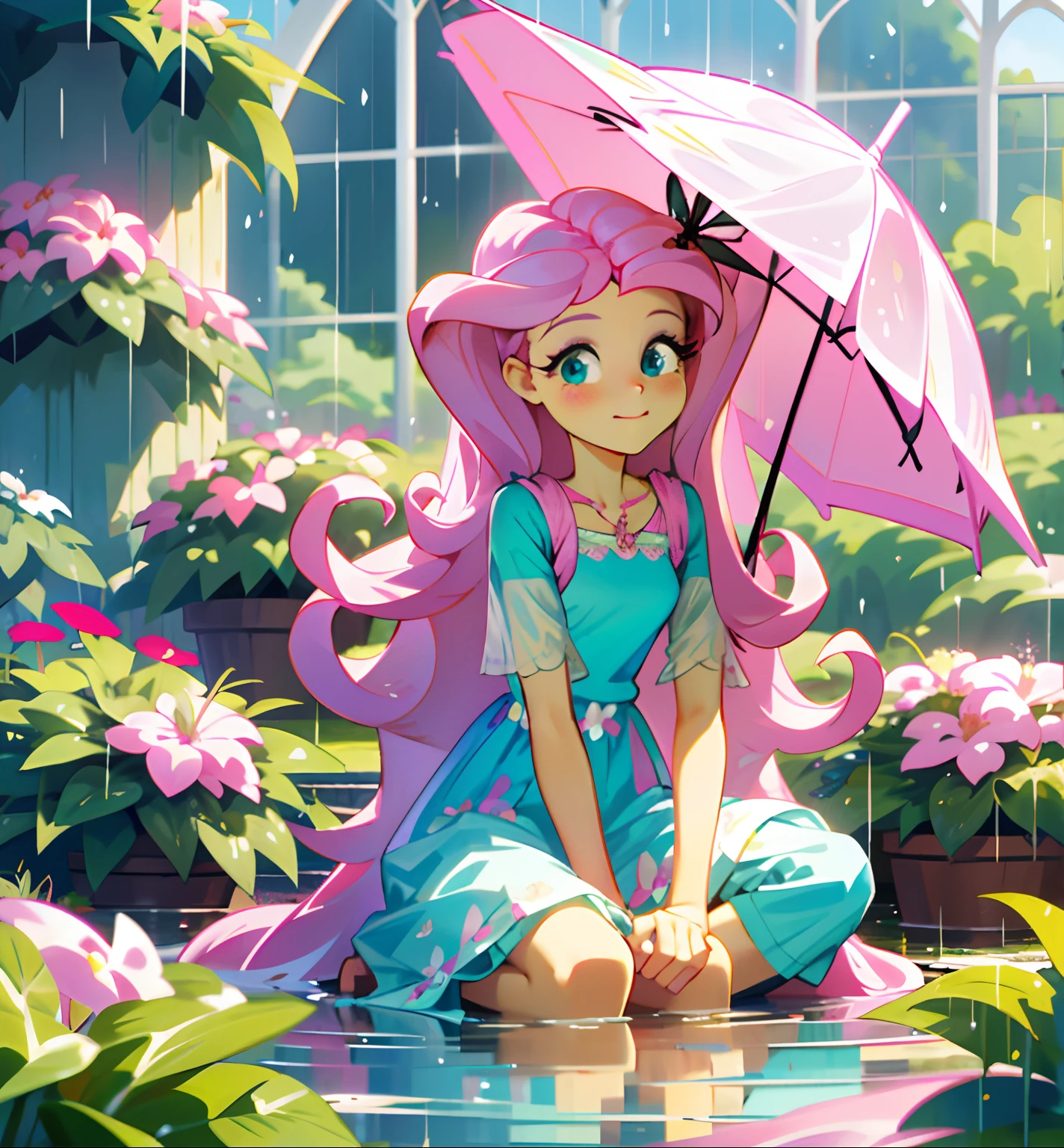 Fluttershy, fluttershy from my little pony, fluttershy in the form of a girl, lush breast, pink long wavy hair, soft smile, flowers, butterflies, ( 1 white bunny sitting next to her ), (top quality, masterpiece, ultra-realistic), rainy day, raining, wet ground, puddle, indoor botanical garden, dome, lots of flowers, dense mass plants, the background landscape is a garden with petals and puffs flying around. --v6